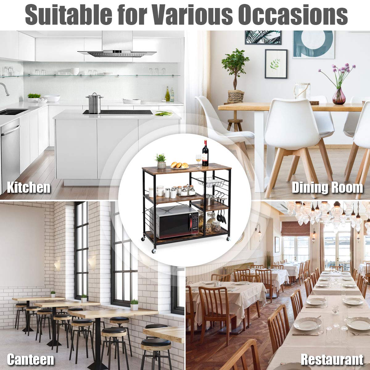 LDAILY Mocha Kitchen Baker's Rack with Wheels - 3-Tier Rolling Storage Shelf for Microwave, Spices & Utensils - Removable Organizer with Metal Frame & 3 Hooks - Perfect for Small Kitchen, Pantry or Laundry Room Storage (Brown)