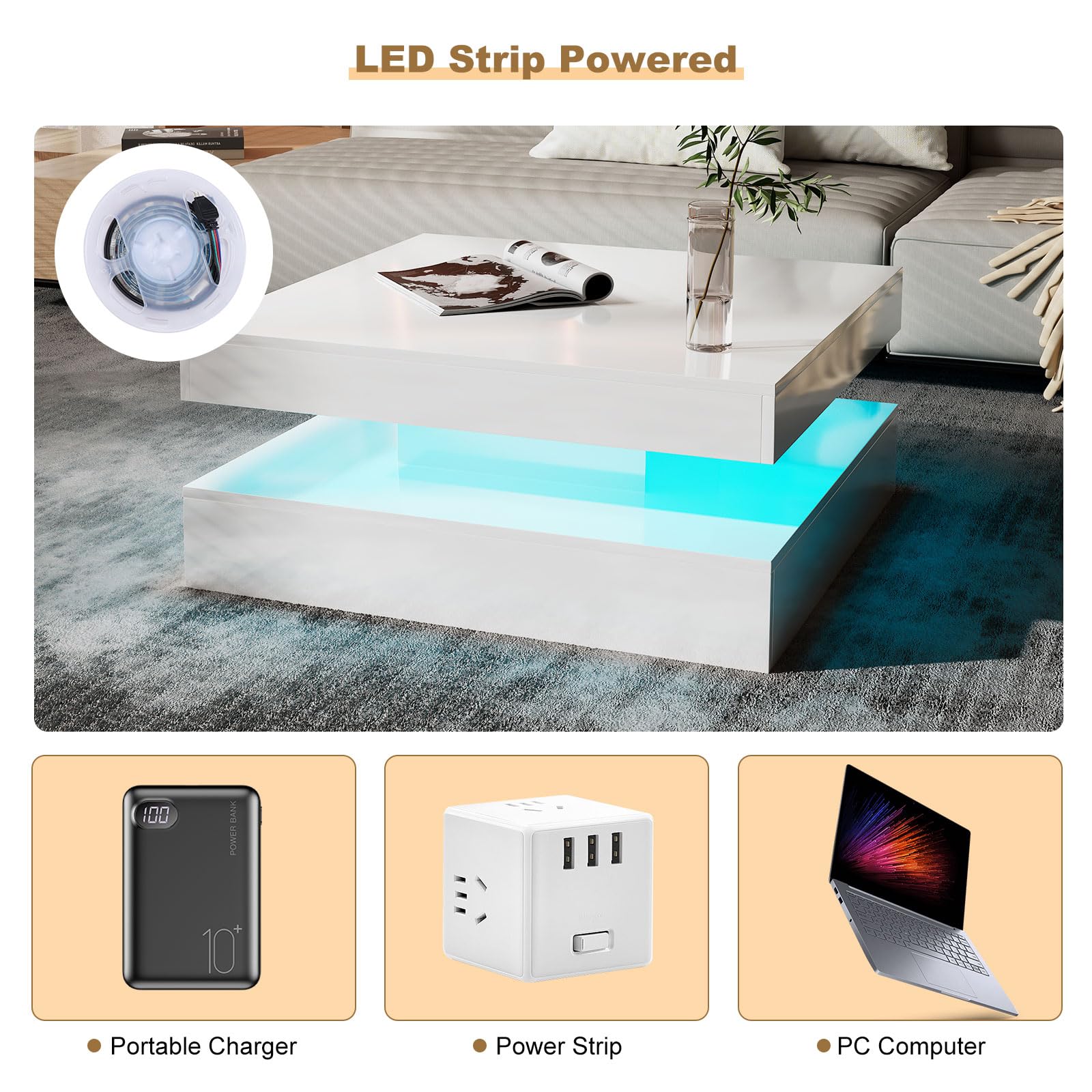 Modern White LED Coffee Table with Storage - 2-Tier Square Living Room Center Table, High Gloss Contemporary Wood Design for Dining & Reception Areas | Perfect for Small Spaces, Apartments and Modern Home Decor