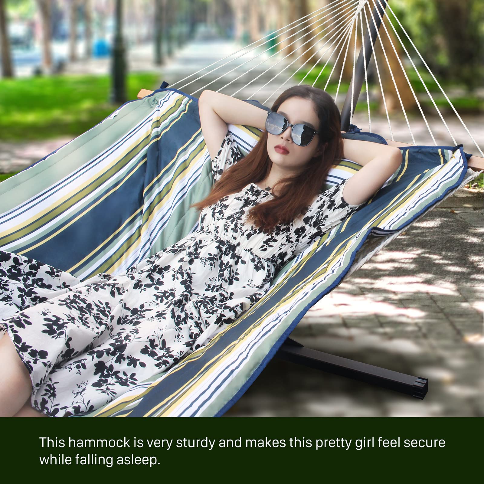 Premium Double Hammock with 12.8ft Stand - Heavy Duty 450lbs Capacity for 2 Persons, Includes Spreader Bar, Comfort Pad & Pillow (Navy Blue & Aqua) - Perfect for Backyard Relaxation, Camping & Beach Outings