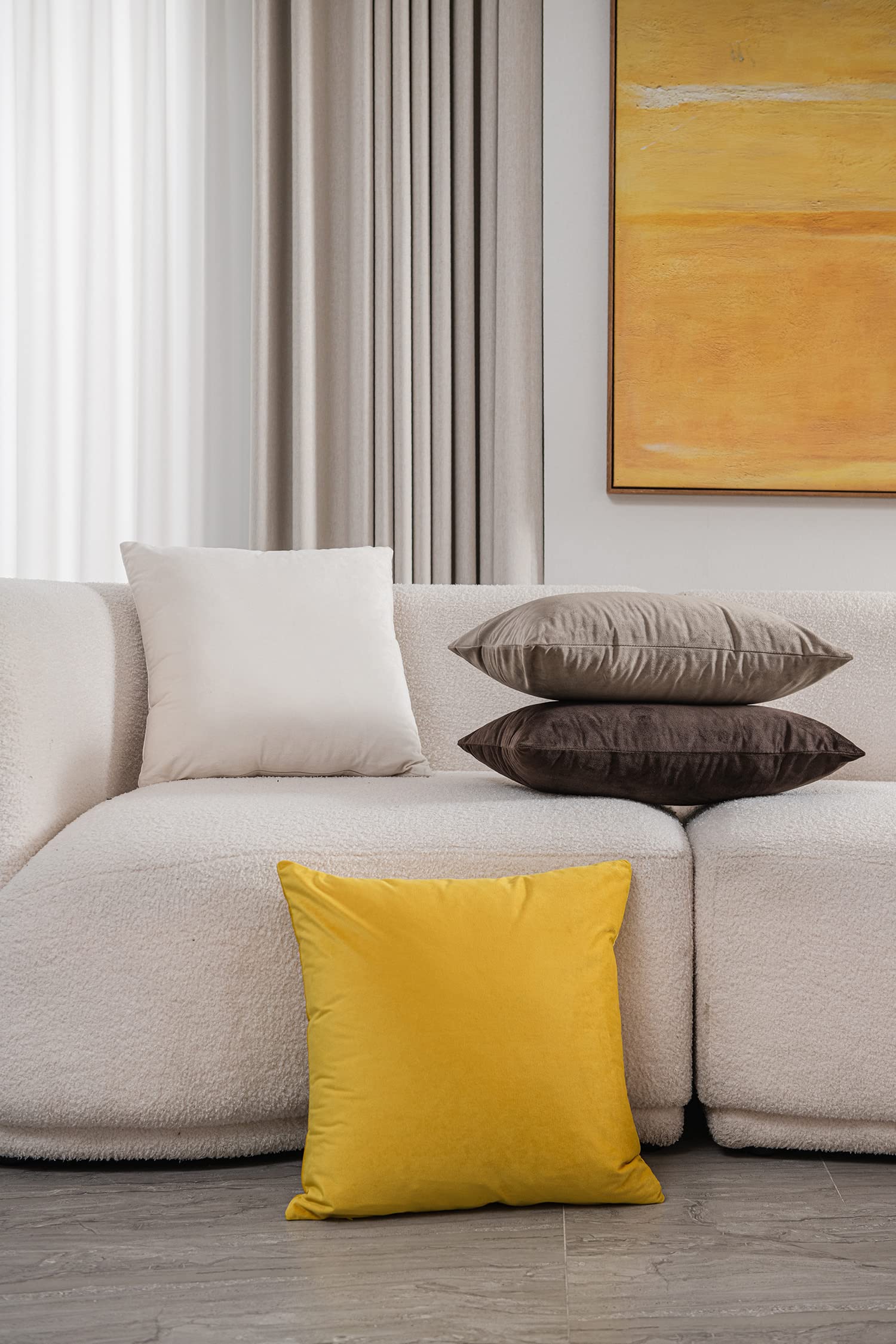 DEZENE 26x26 Inch Velvet Euro Pillow Covers Set of 2 - Soft Square Couch Pillow Shams for Living Room Sofa, Bed & Dorm Decor - Cozy Yellow Throw Pillow Cases for Home Decor & Comfort