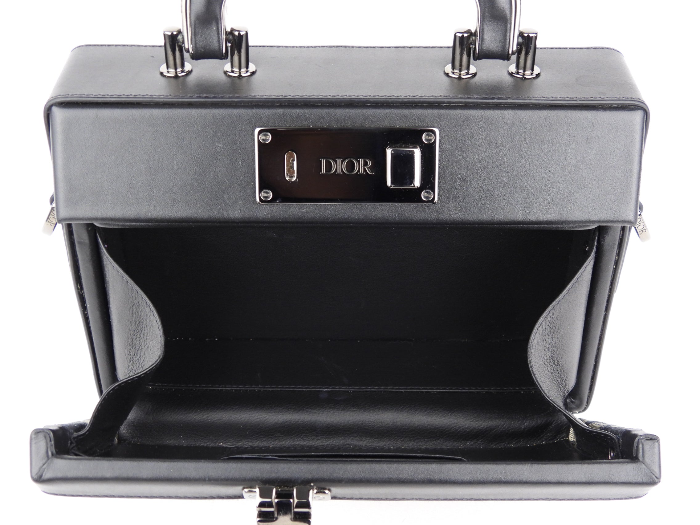 Christian Dior Oblique Monogram Black Leather Two-Way Hard Case Lock Handle Bag - Luxury Travel & Everyday Elegance