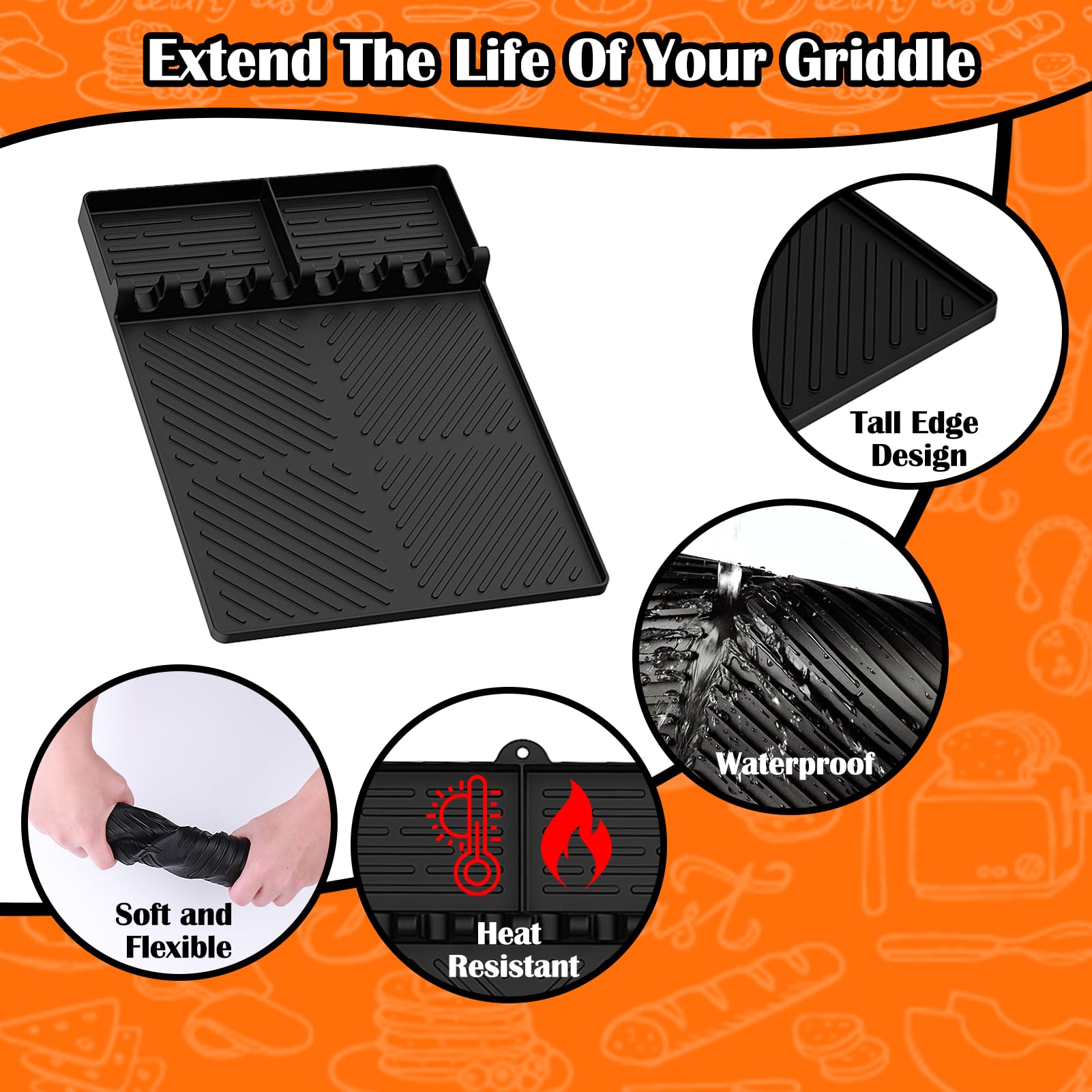 Premium Silicone Griddle Tools Mat for Blackstone Grill - Large Non-Slip BBQ Utensil Holder with Drip Tray - Heat-Resistant Cooking Mat for Kitchen Countertops - Perfect for Outdoor Grilling, Camping & Backyard BBQs