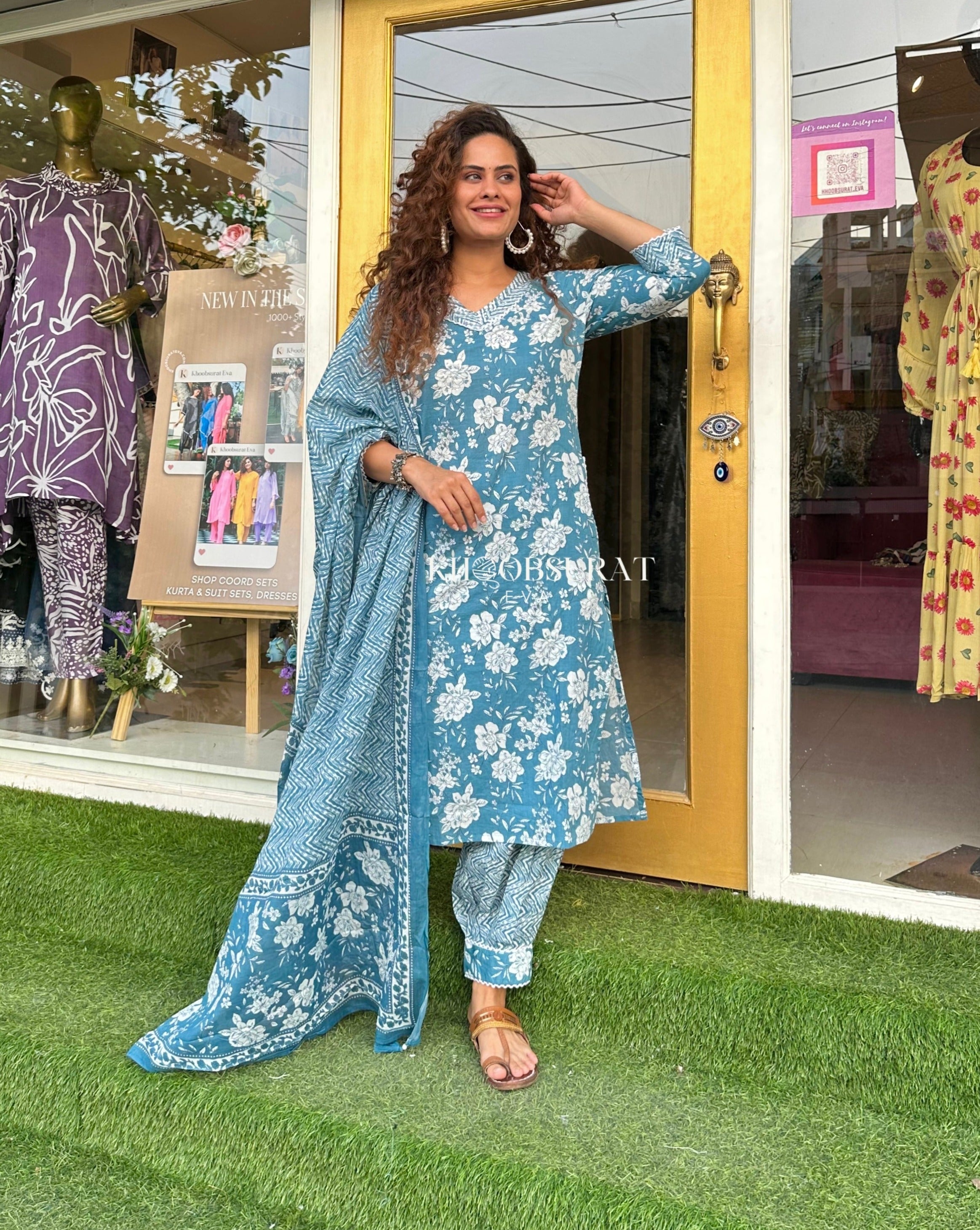 Stylish Blue Kurti with Afghani Pants & Dupatta Set - Elegant Ethnic Outfit for Women | Perfect for Festivals, Weddings & Cultural Events