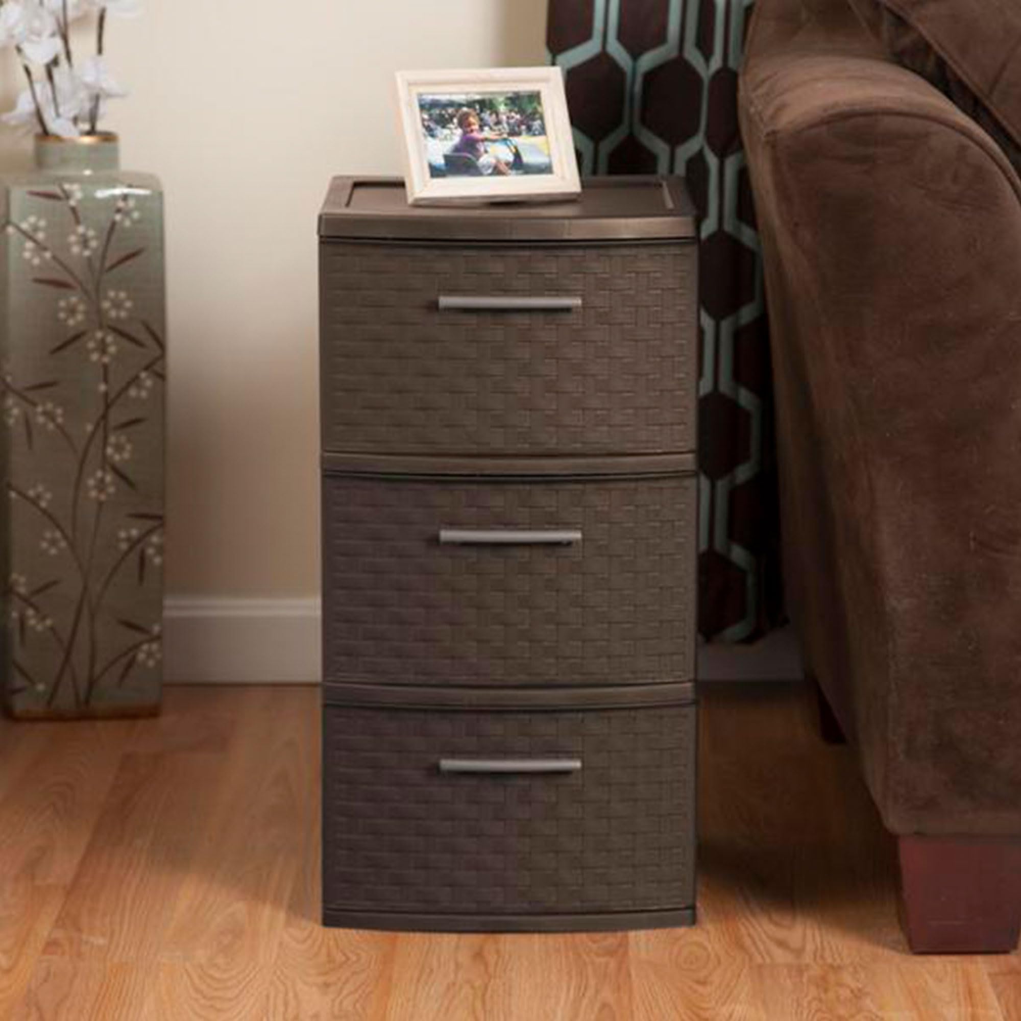 Sterilite 3 Drawer Storage Tower - Plastic Decorative Weave Organizer Drawers for Dorm, Closet, Bedroom & Craft Room - 4 Pack in Espresso - Perfect for Home, Office & School Organization