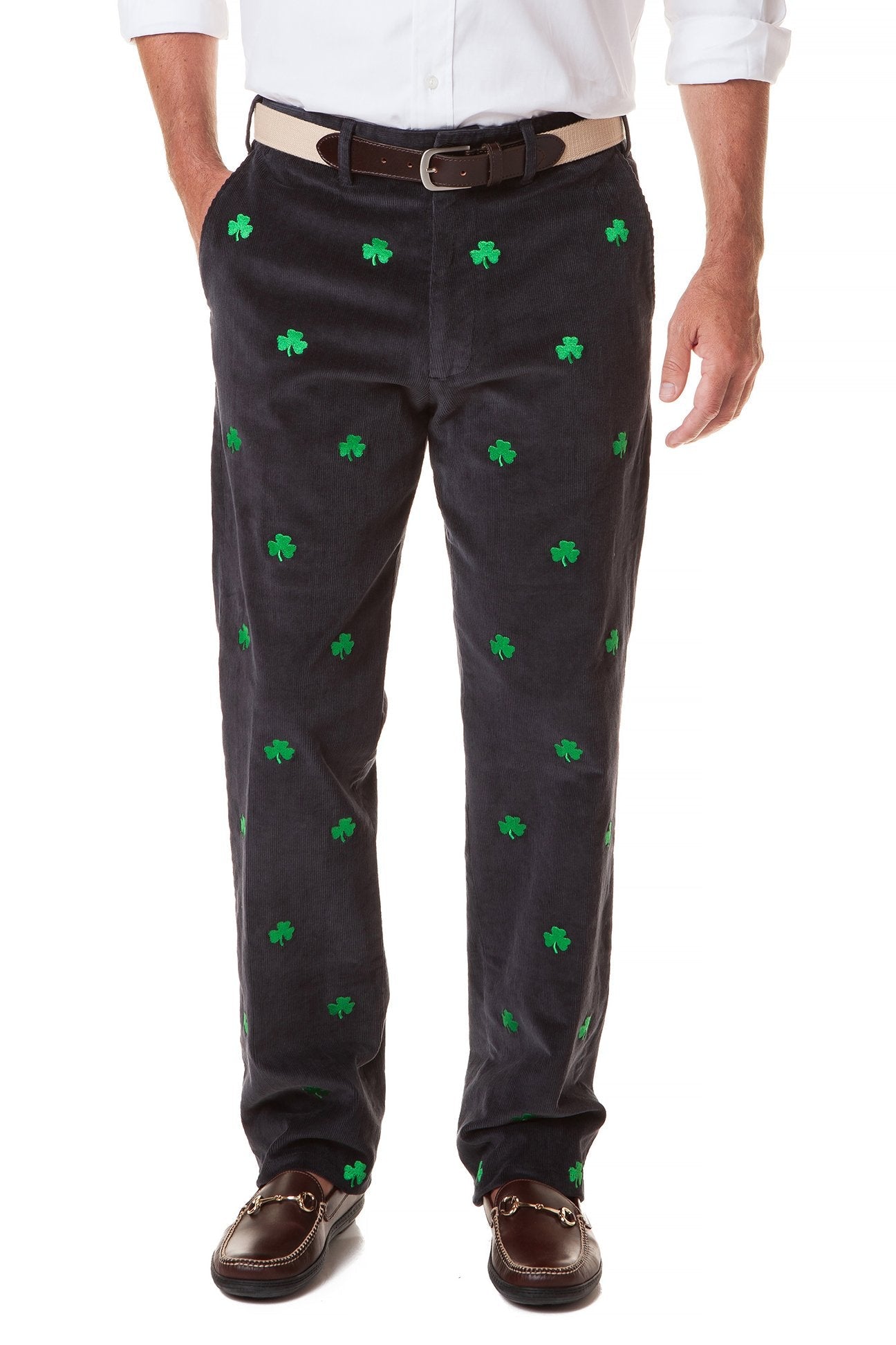 Beachcomber Corduroy Pants for Men - Nantucket Navy with Shamrock Design - Comfortable Casual Trousers for Beach, Travel & Everyday Wear