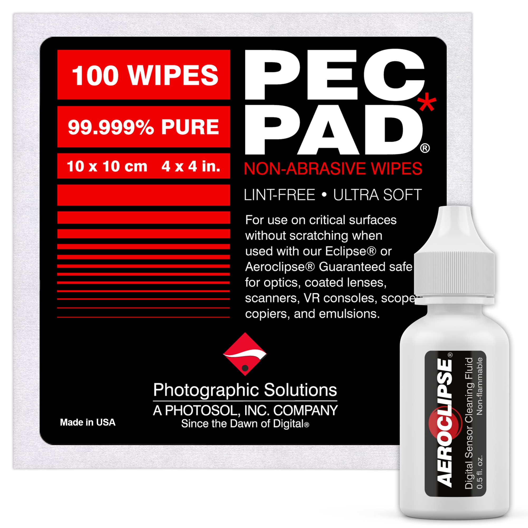 Aeroclipse Optic Cleaning Fluid & PEC-PAD Lint-Free Wipes - Non-Flammable Lens Cleaner for Camera, Telescope & Microscope - Scratch-Free Cleaning Solution for Sensitive Glass Surfaces - 15ml Dropper Bottle with Microfiber Wipes - Perfect for Optics, Eyeglasses & Electronics Maintenance