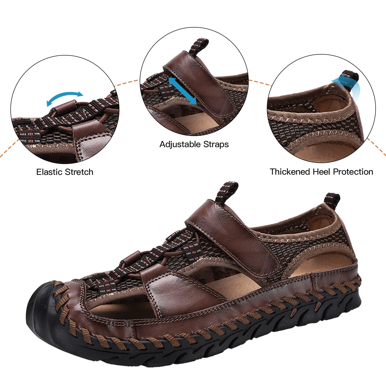 **Men's Leather Fisherman Sandals - Breathable Closed Toe Beach Shoes for Summer | Non-Slip Water Sandals for Hiking, Walking & Outdoor Activities | Handmade Anti-Collision Comfort Slides**    *(Use for beach trips, hiking, casual walks, water sports, and outdoor adventures.)*