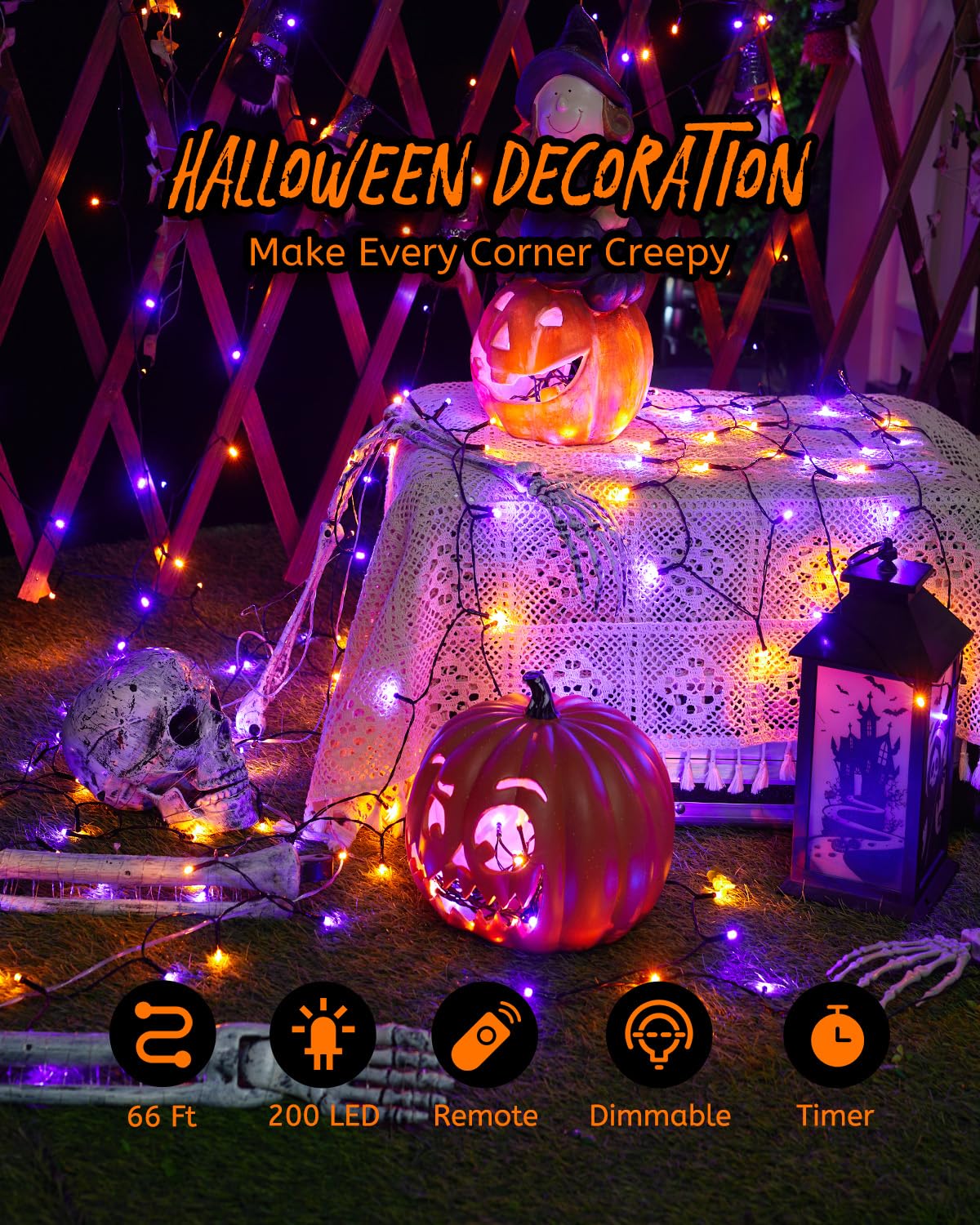 66FT Purple & Orange LED Fairy String Lights - 200 Twinkle Lights with 8 Modes for Halloween Party Decorations, Garden Lighting, Bedroom & Indoor/Outdoor Decor | Perfect for Christmas, Weddings, Patio and Special Events