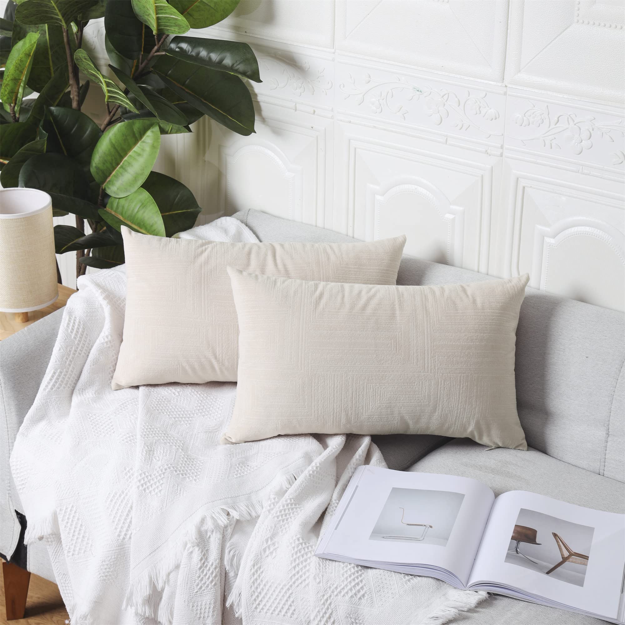 Premium Velvet Pillow Covers 12x20 Inch (Set of 2) - Soft Lumbar Cushion Covers for Sofa, Couch, Bed & Living Room - Solid Beige Square Texture Decorative Pillowcases - Perfect for Home Decor, Cozy Reading Nook & Lounge Relaxation