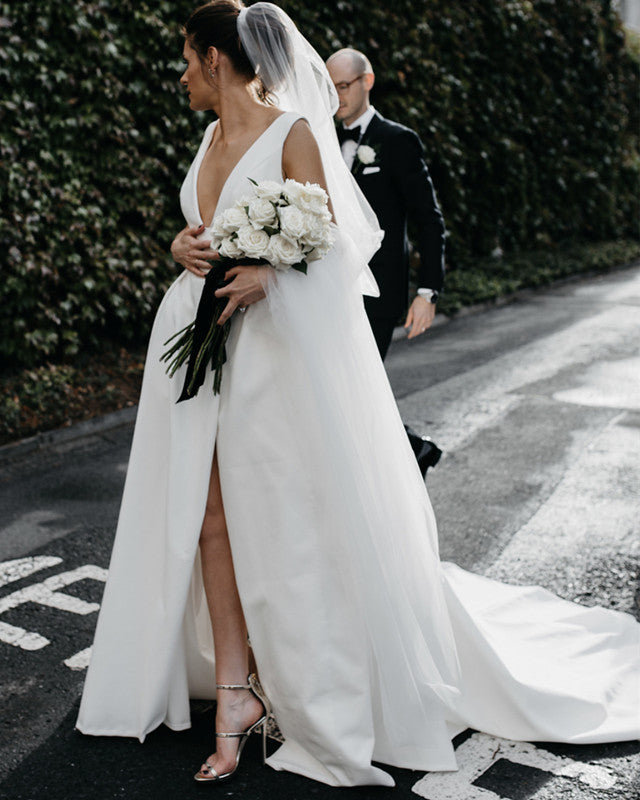 Elegant Long Satin Plunge Neck Beach Wedding Dress with High Leg Slit - Perfect for Beach Weddings, Destination Elopements & Tropical Bridal Photoshoots