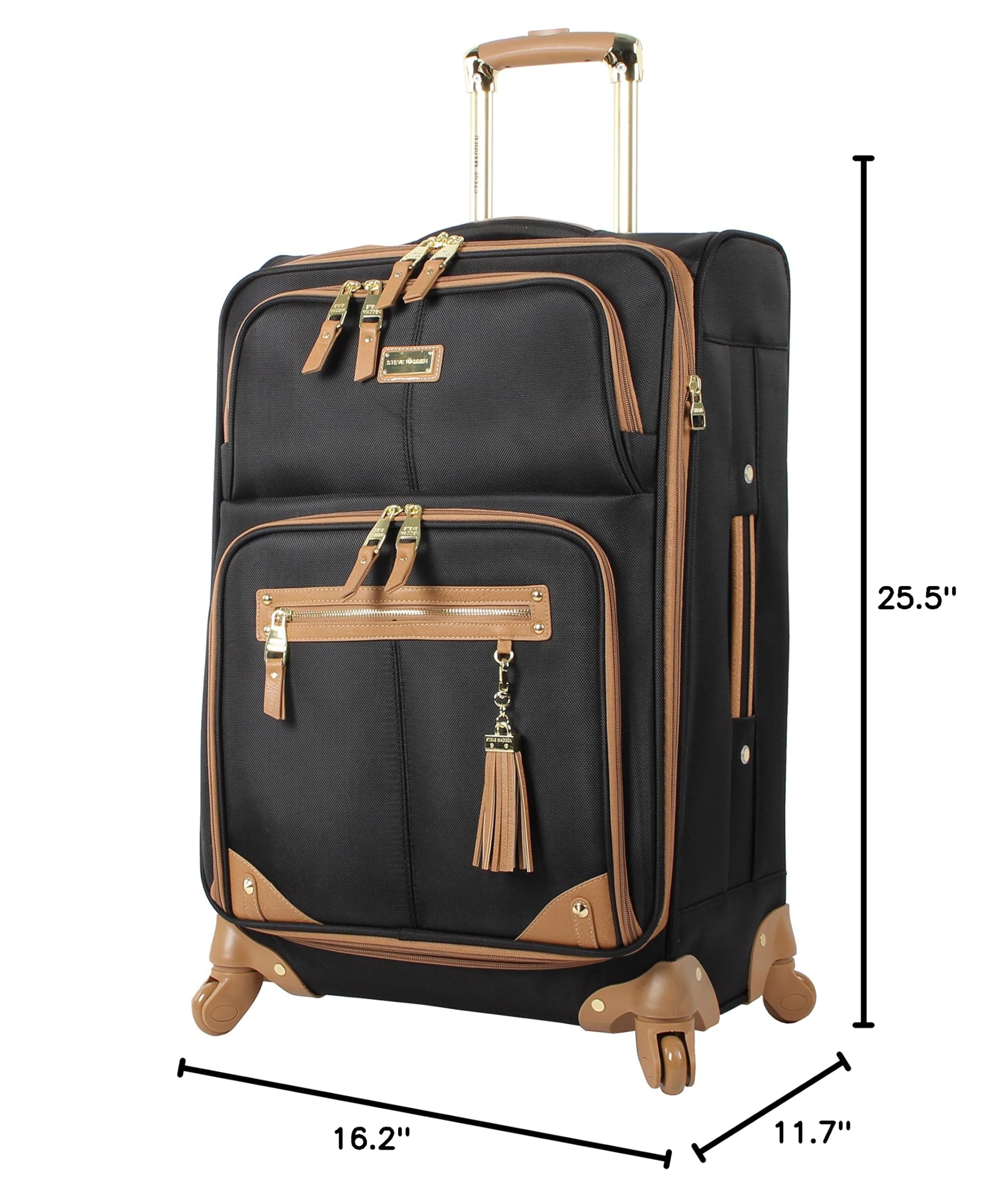 Steve Madden Designer 24 Inch Expandable Softside Spinner Luggage - Lightweight Checked Suitcase with 4-Wheel Rolling System (Harlo Black) - Perfect for Business Travel, Vacation & Airplane Trips