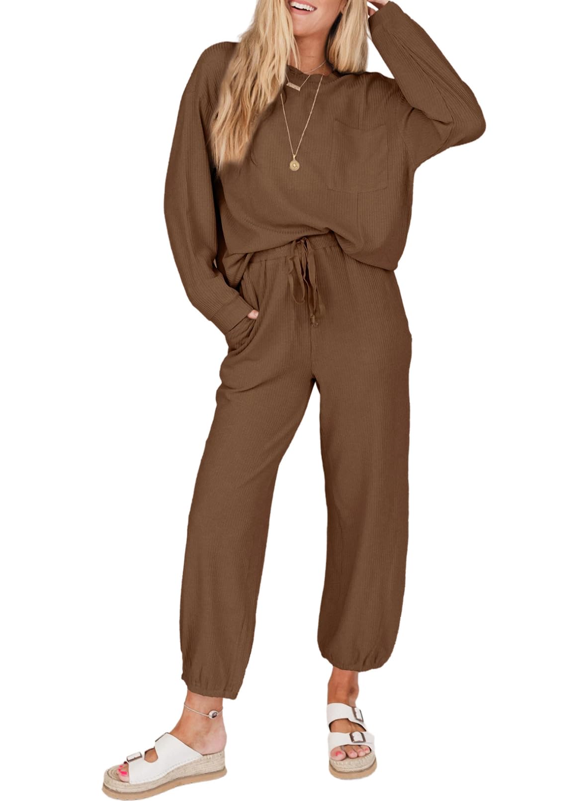 SHEWIN Women's 2 Piece Waffle Knit Lounge Set - Long Sleeve Pullover & Drawstring Jogger Pants Tracksuit | Cozy Casual Outfit for Home, Yoga, Travel & Loungewear