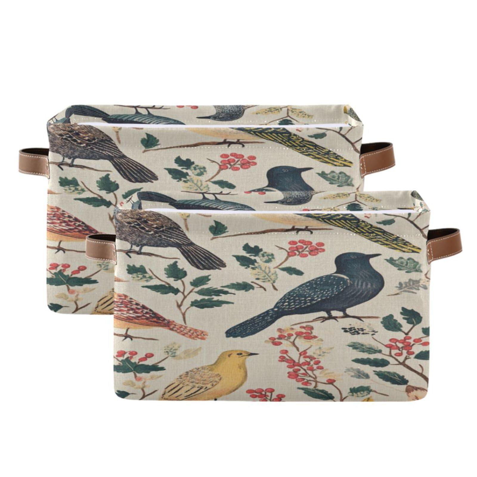 Large Fabric Storage Bins with Handles - Vintage Birds Collapsible Baskets for Clothes, Toys & Home Organization
