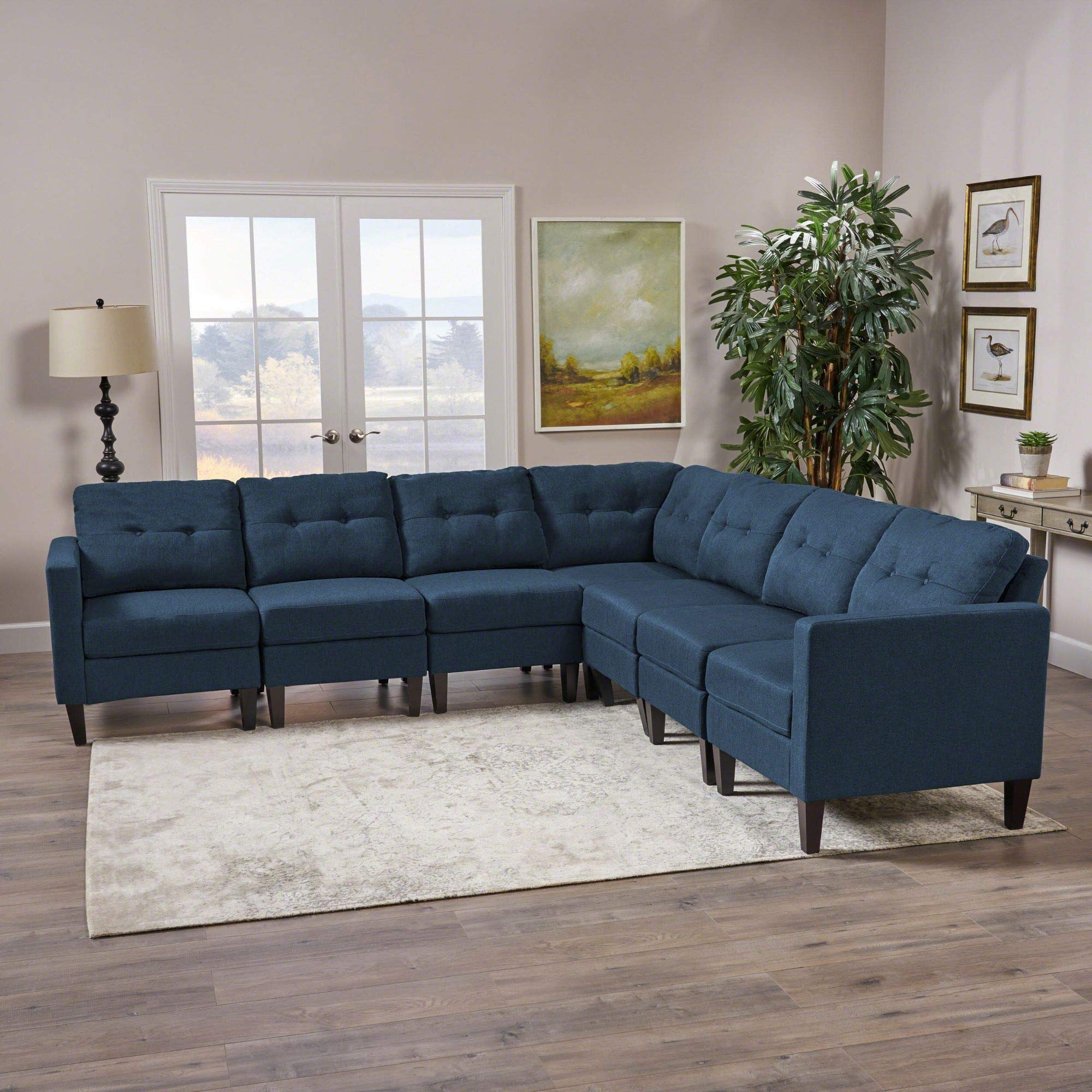 7-Piece Navy Blue and Brown Contemporary Sectional Sofa Set, 35.75