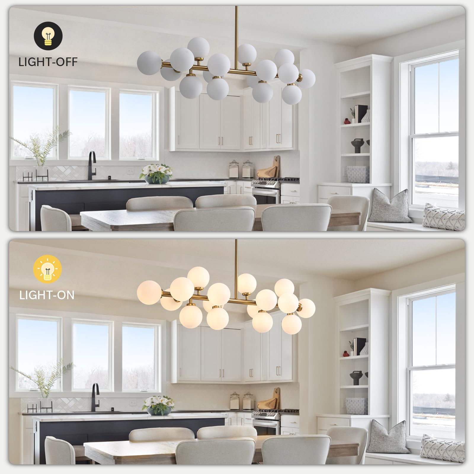 Mid Century Modern Gold Dining Room Chandelier - 16-Light Linear Pendant Lighting with White Glass Globe Shades for Kitchen Island, Dining Table & Living Room | Elegant Vintage Ceiling Light Fixture