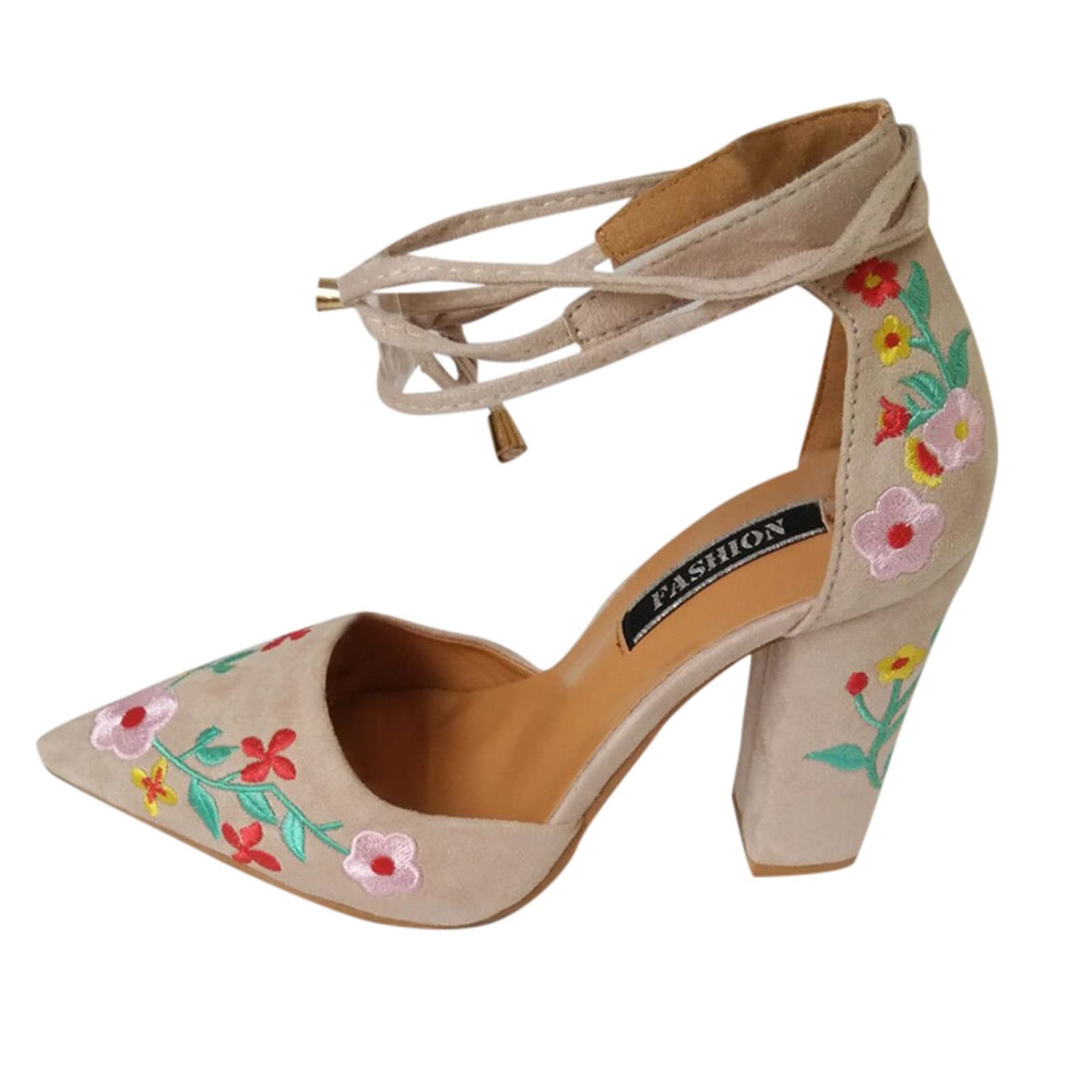 Women's Summer Beach Sandals with Thick Heel - Casual Frosted Embroidered Pointed Toe High Heel Sandals for Walking, Vacation, and Outdoor Activities