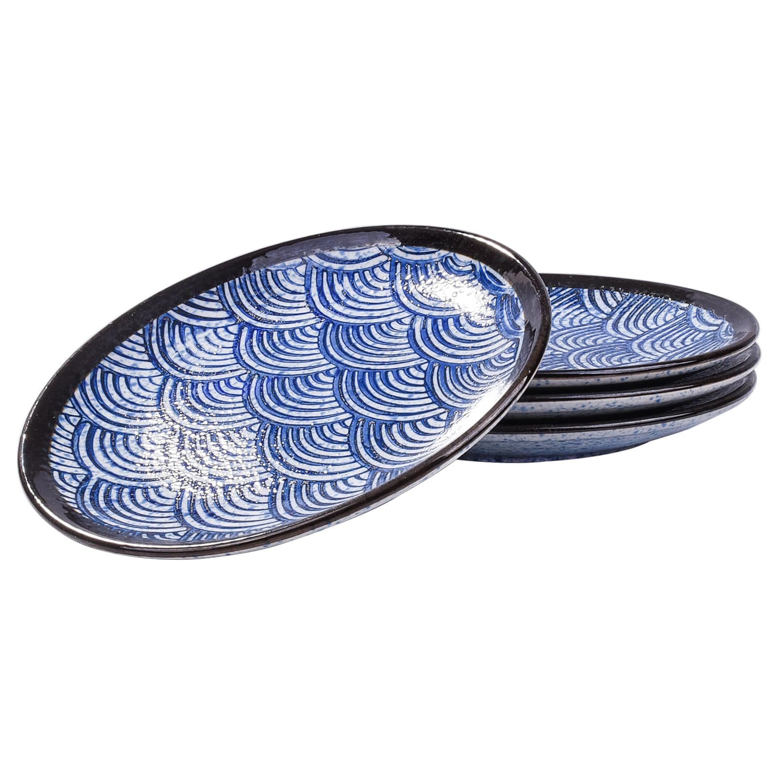 7 Inch Microwave & Dishwasher Safe Japanese Ceramic Plates - Set of 4 Blue Wave Pattern Dinner Plates for Salads, Pasta, Cheese, Ham & Antipasti | Perfect for Home Dining, Parties & Restaurant Use