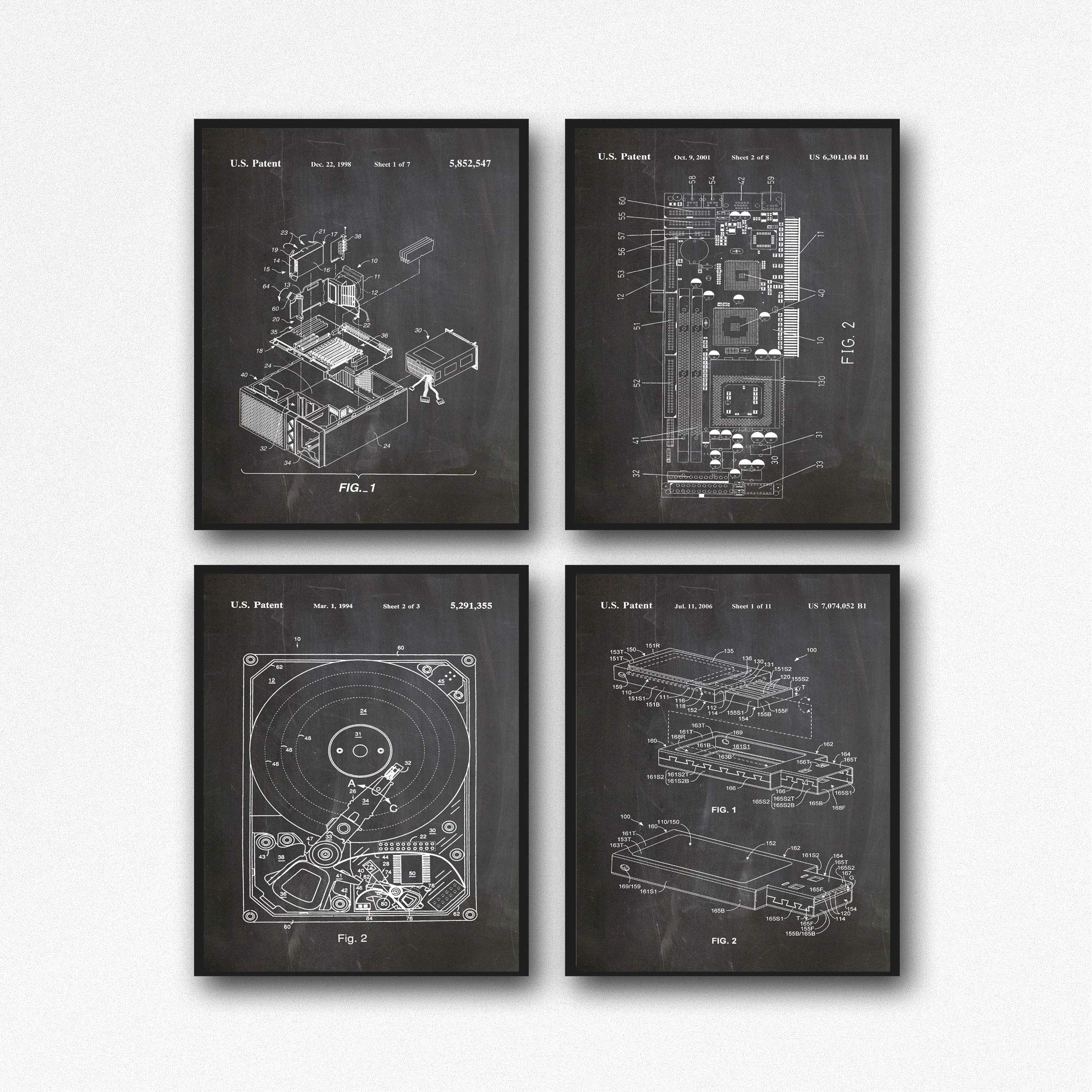 Set of 4 Vintage Computer Patent Posters - Hard Drive, Graphics Card, USB & Tech Wall Art for IT Geeks (11x17 Inches, Chalkboard Black) | Perfect for Office Decor, Computer Lab & Tech Enthusiast Gifts