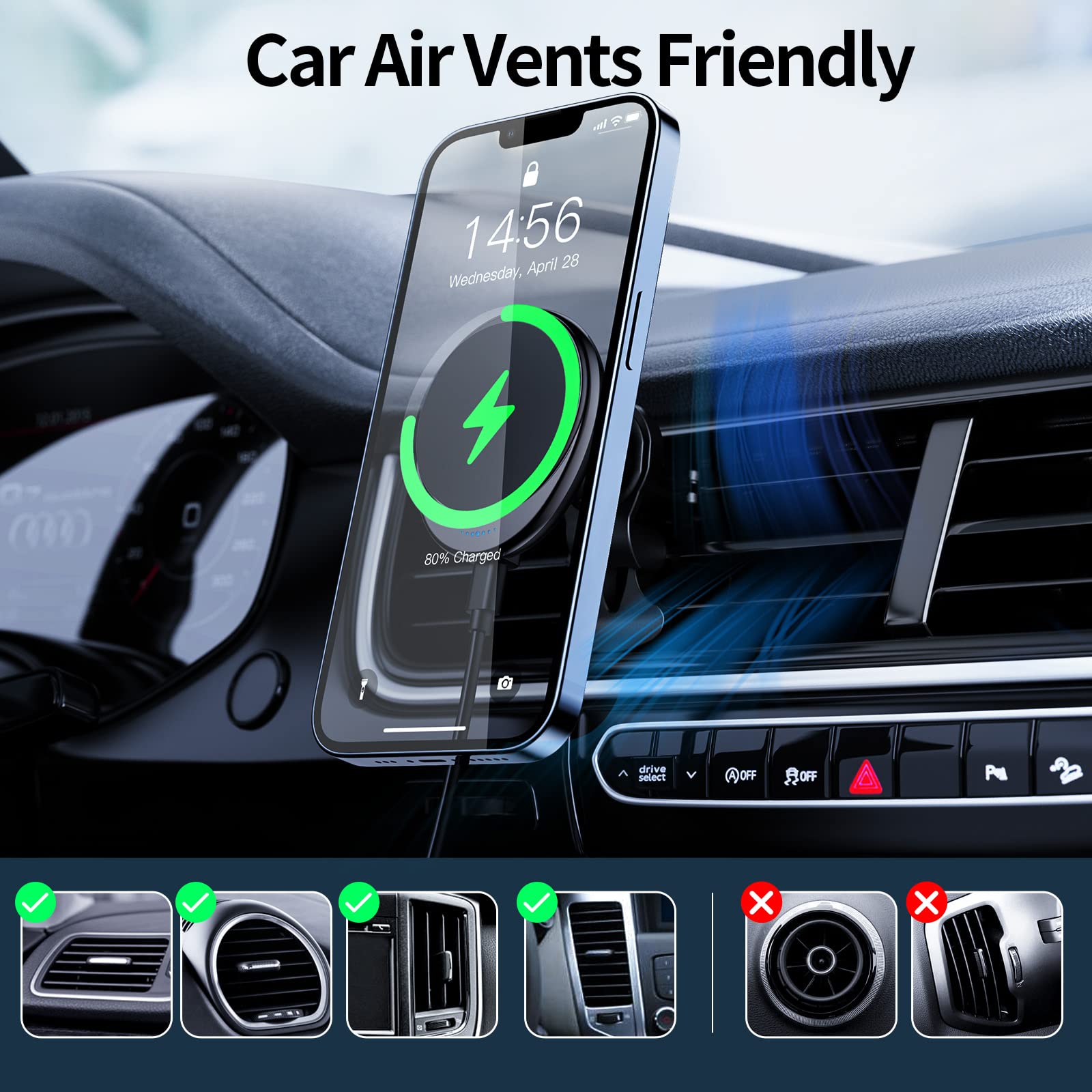 15W PRO MagSafe Wireless Car Charger Mount - Universal Vent Phone Holder for iPhone 16/15/14/13/12 Pro Max/Plus/Mini - Fast Magnetic Charging for Safe & Convenient Driving