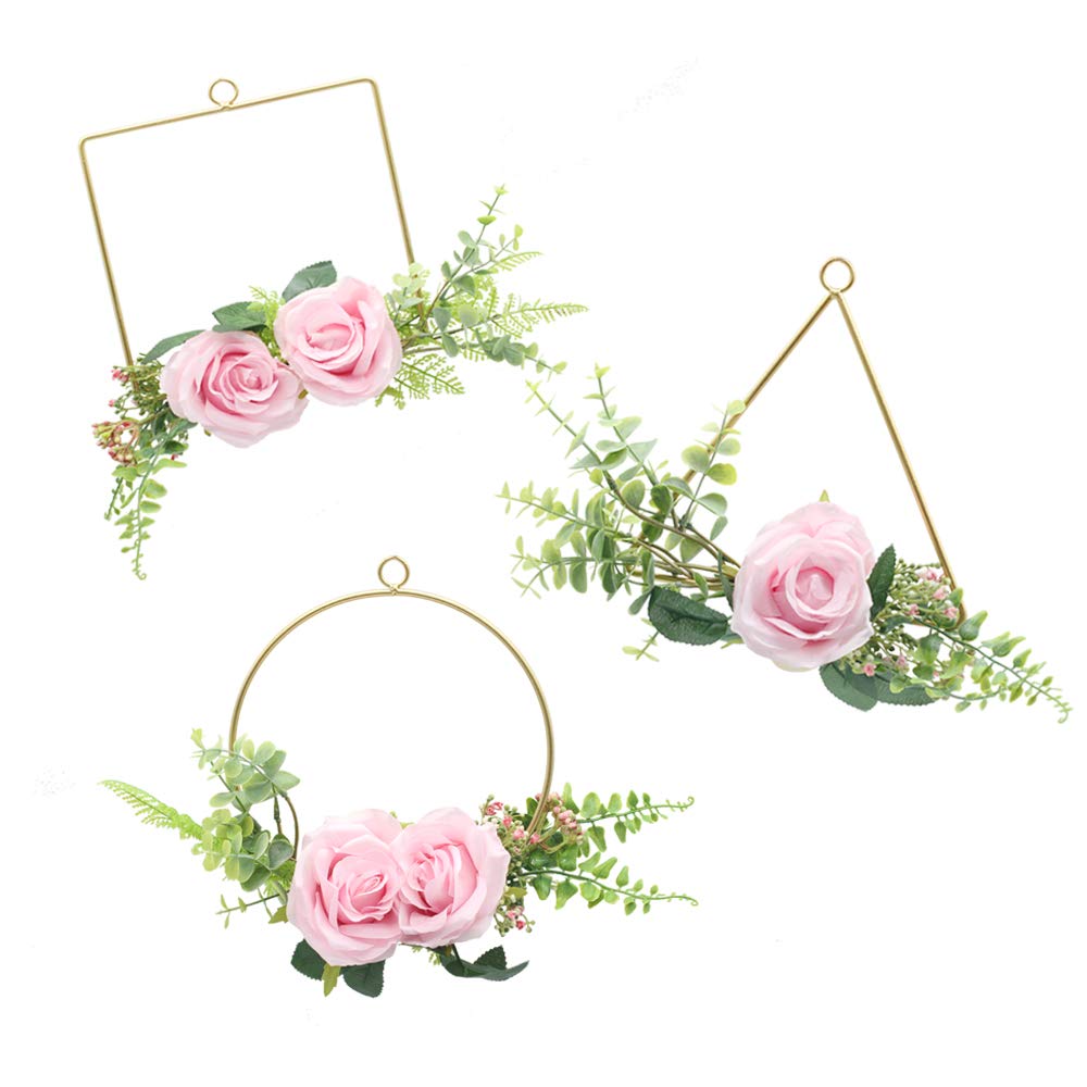 Artificial Rose Floral Hoop Wreath - Champagne Geometric Wire Frame for Wedding Backdrop, Wall Decor (Round, Triangle, Square Shapes) - Pack of 3 | Perfect for Wedding Decorations, Baby Showers & Home Interior Design