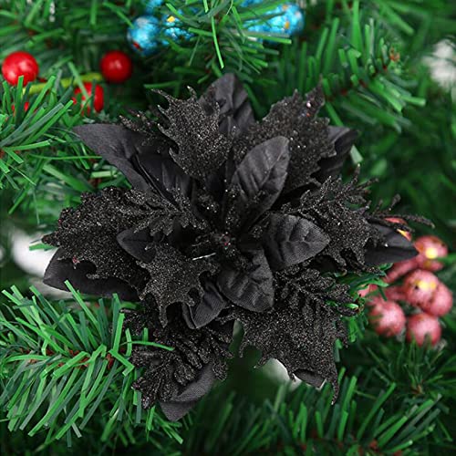 Saitec Artificial Christmas Flowers with Glitter - Xmas Tree Decorations, Wreaths, Wedding & Party Ornaments for Holiday, New Year, Home Decor (Black) - Perfect for Christmas Trees, Wreaths, Centerpieces, and Festive Party Decorations
