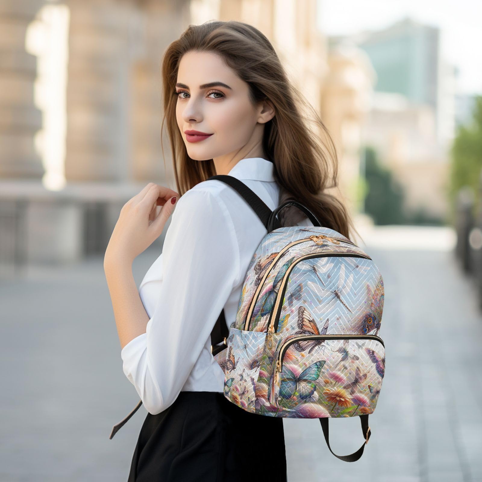 ODAWA Anti-Theft Mini Backpack for Women - Stylish Butterfly & Dragonfly Design, Lightweight Travel Backpack & Laptop Bag (Fits 15.6