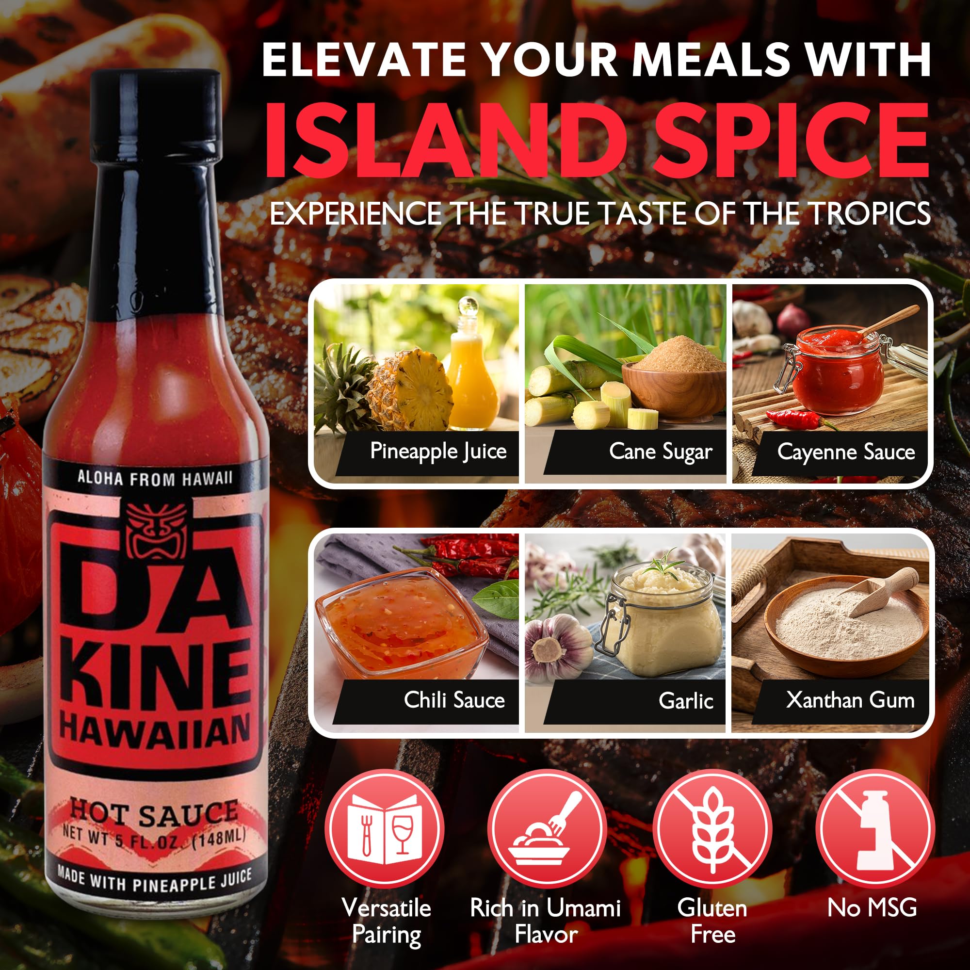 Da Kine Hawaiian Gourmet Pineapple Hot Sauce - Vegan & Gluten-Free, Small Batch Crafted, Sweet & Spicy Flavor - Perfect for Tacos, Burgers, Seafood & BBQ - 5 fl oz Hot Sauce Bottle (1-Pack)