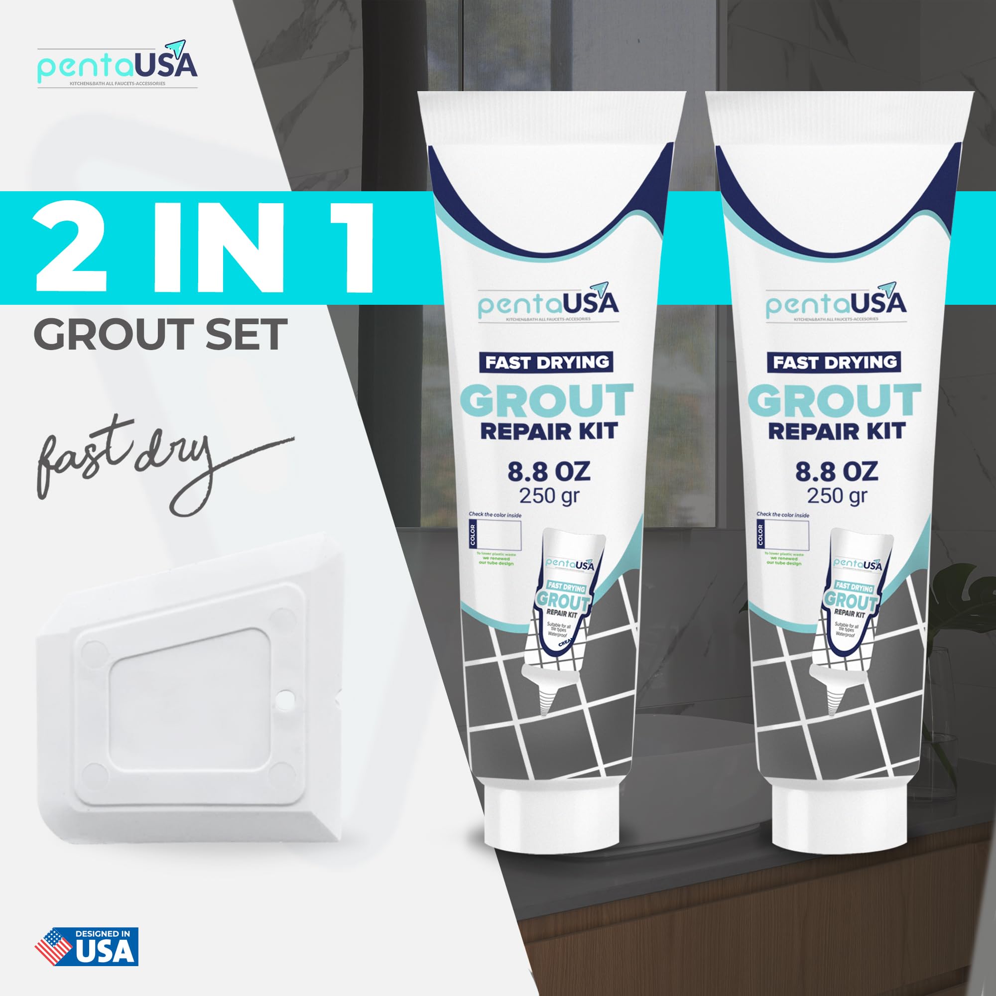PentaUSA Premixed Grout Repair Kit - 8.8 oz Tile Grout Tubes (2 Pack) - Odorless & Safe Formula for Bathroom, Kitchen & Shower Tile Restoration - Perfect for Cracked Grout Repair & DIY Home Renovation Projects (White)