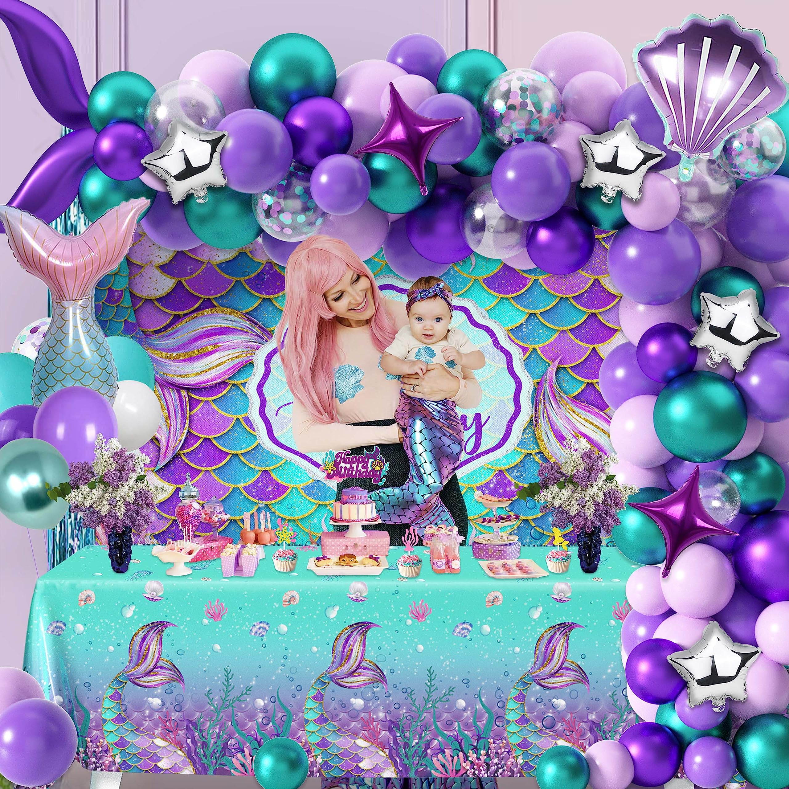 109Pcs Mermaid Birthday Party Decorations Kit for Girls - Includes Tablecloth, Backdrop, Banners, Cake Toppers, Foil & Latex Balloons, Fringe Curtains - Perfect for Mermaid Themed Parties, Baby Showers & Under the Sea Events