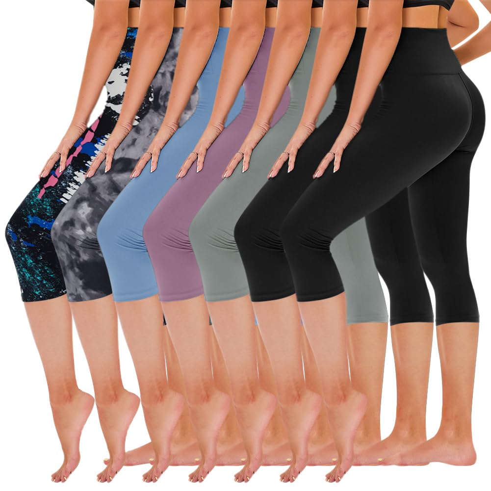 TNNZEET 7 Pack Women's High Waisted Yoga Pants with Pockets - Black Full Length & Capri Leggings for Workout, Running, Gym & Casual Wear