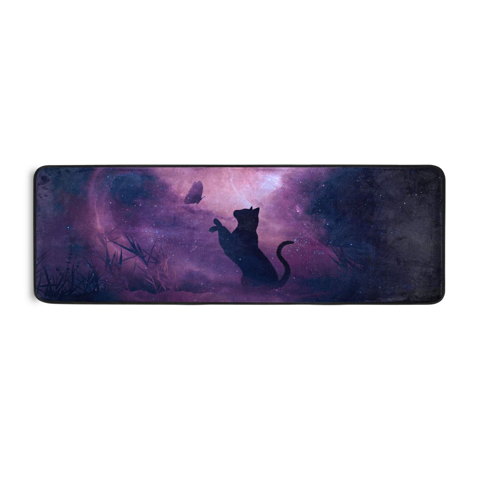 Non-Slip Cat Butterfly Starry Sky Galaxy Runner Rug 2' x 6' - Soft Kitchen Bathroom Carpet, Hallway Entry Doormat for Home Decor & Pet-Friendly Spaces