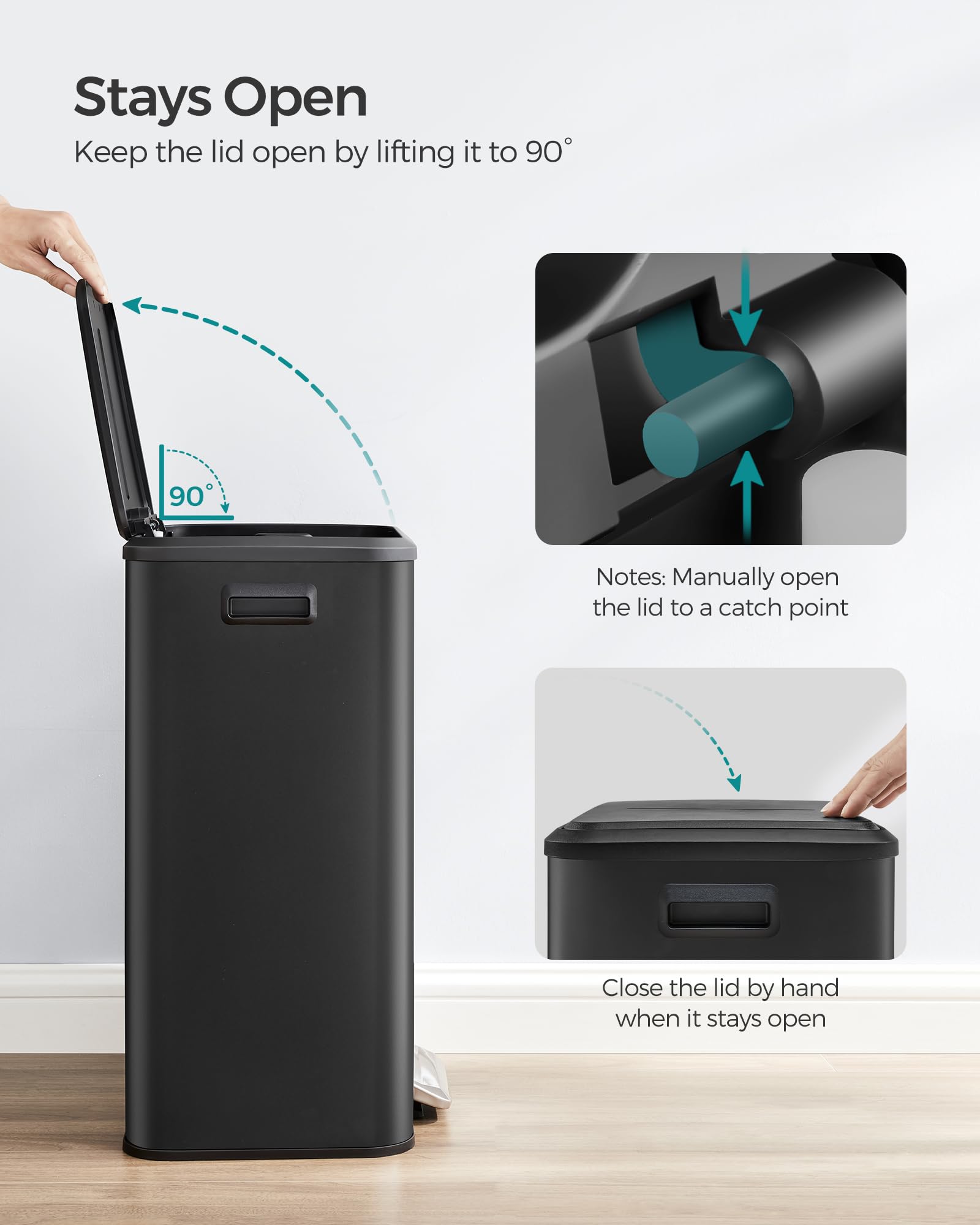 SONGMICS 10.5-Gallon (40L) Stainless Steel Kitchen Trash Can with Lid - Wide Foot Pedal, Soft Close & Stay Open Feature - Perfect for Home, Office & Restaurant Use - Black (ULTB541B40)