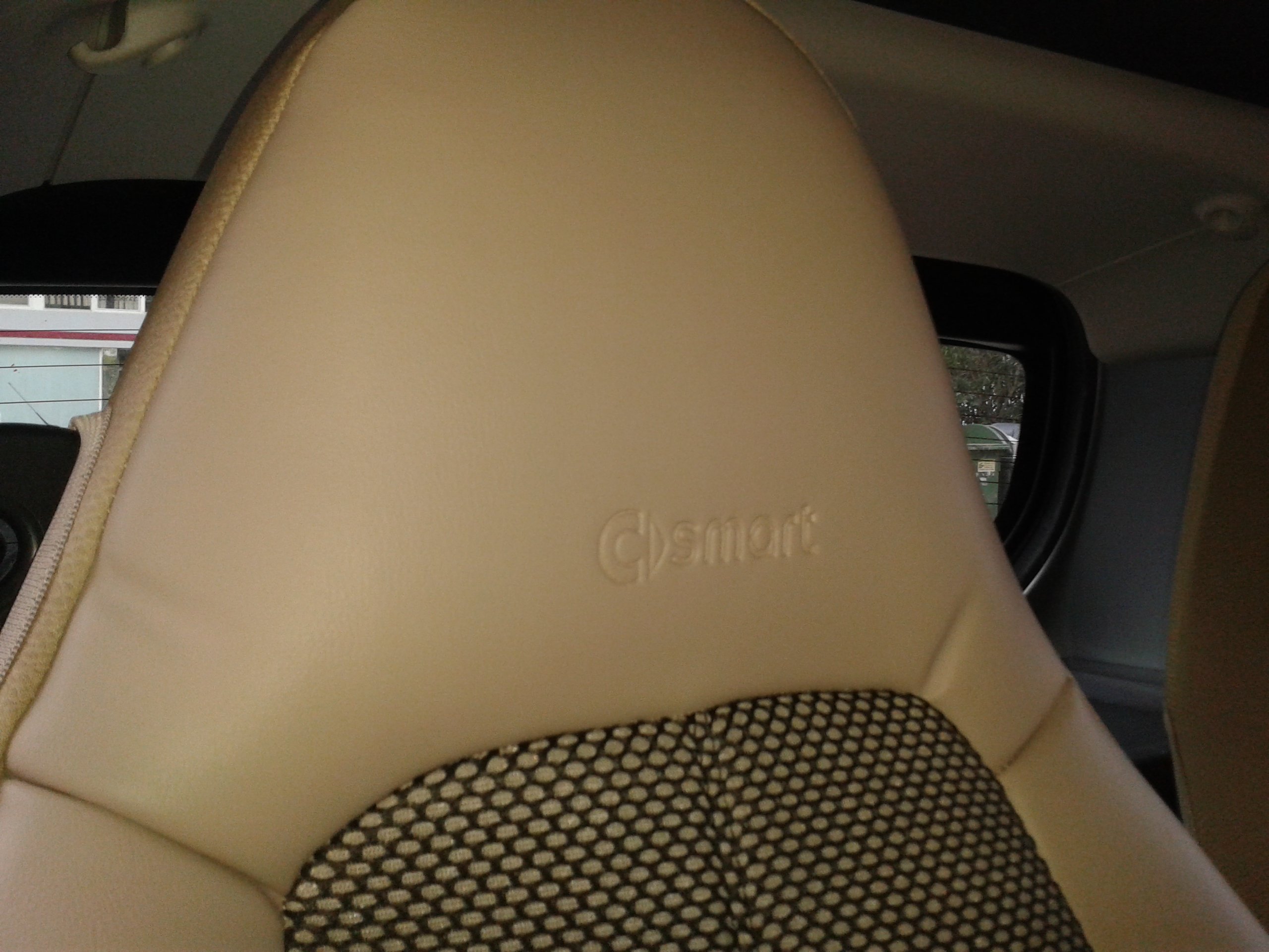 Custom Fit Smart Fortwo 2015-453 Leatherette & Two-Tone Synthetic Fishnet Car Seat Covers with Side Belt Clip - Beige/Black | Premium Protection & Comfort for Daily Commute, Road Trips & City Driving