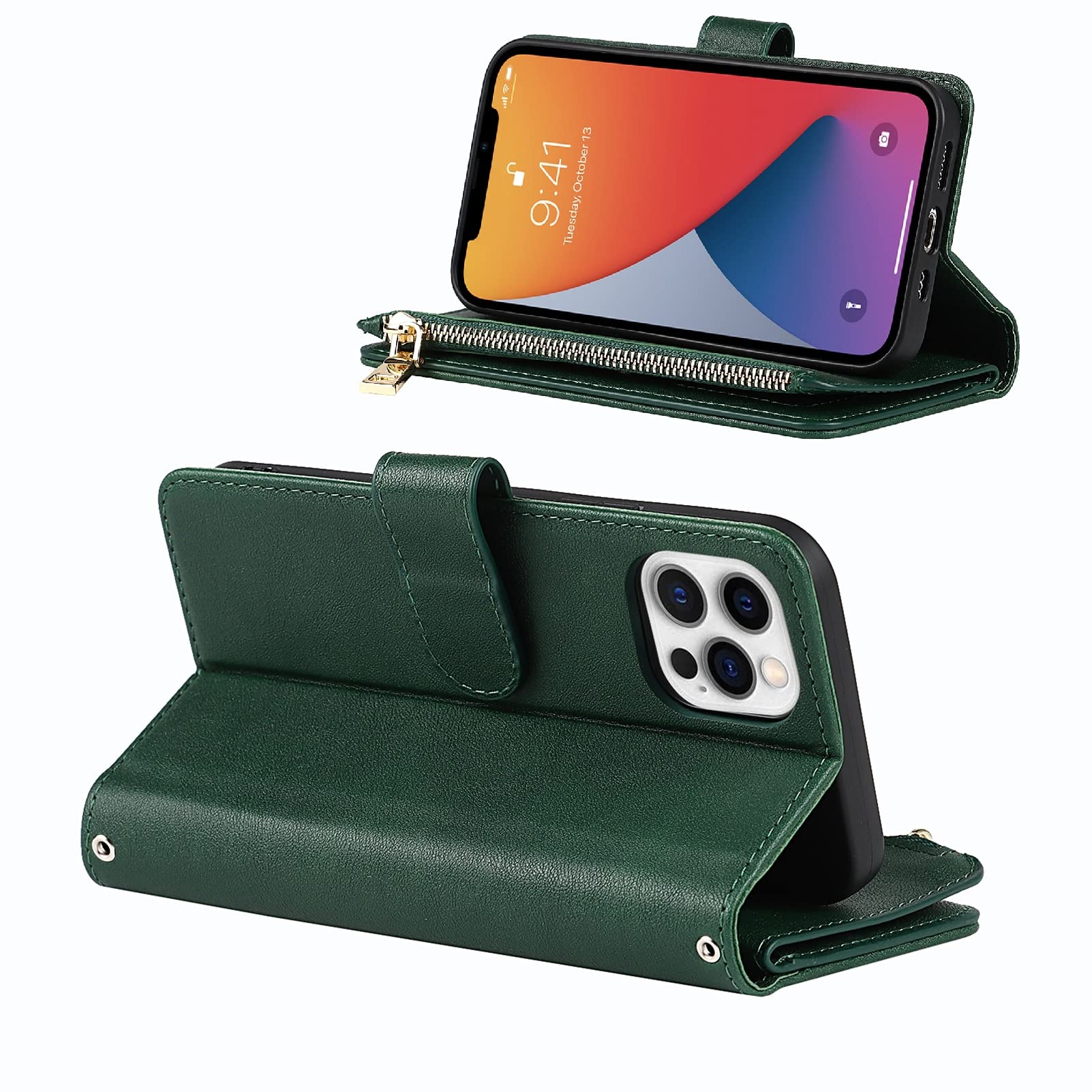 Jaorty iPhone 12 Pro Max Wallet Case (6.7 Inch) - PU Leather Phone Case with Card Holder, Zipper Pocket & Adjustable Crossbody Strap - Dark Green - Perfect for Women's Daily Use, Shopping & Travel