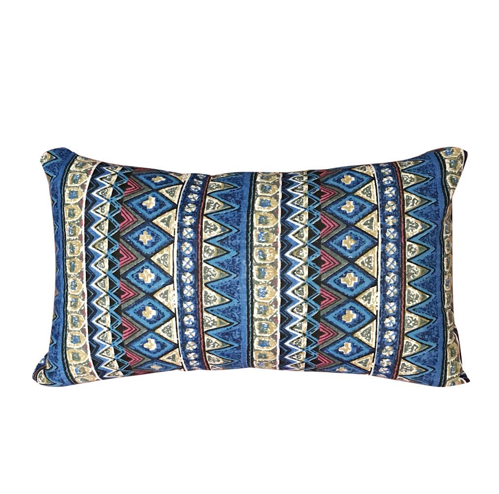 Folk Style Cotton Linen Square Throw Pillow - Overfilled Fluffy Microfiber Decorative Cushion (12x20 Inches, Blue) - Perfect for Sofa, Bed, Chair & Home Decor