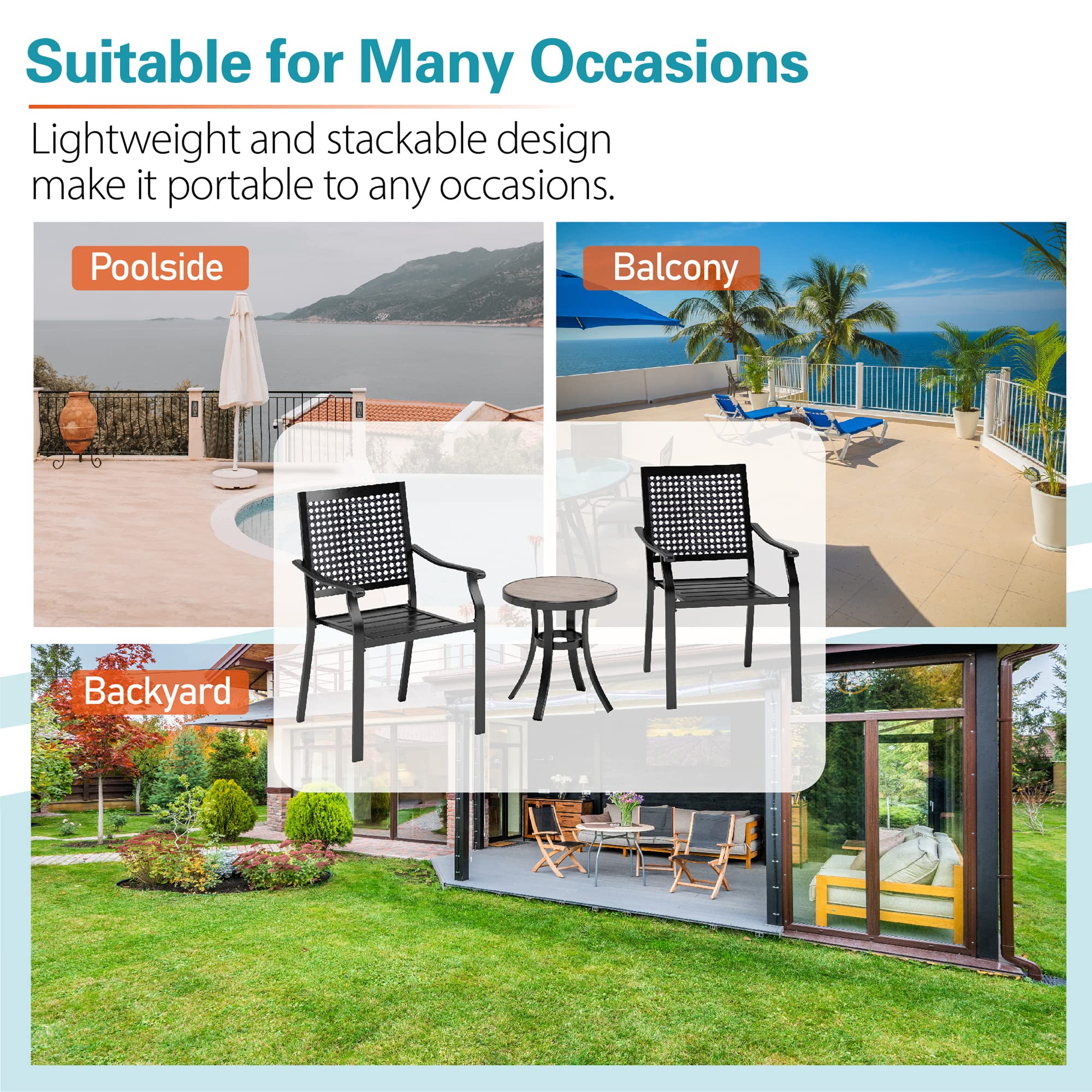 Sophia & William 3-Piece Patio Bistro Set - 2 Stackable Metal Chairs & Round Side Table - Outdoor Furniture for Backyard, Balcony, Garden & Indoor Use - Perfect for Relaxing, Dining & Entertaining