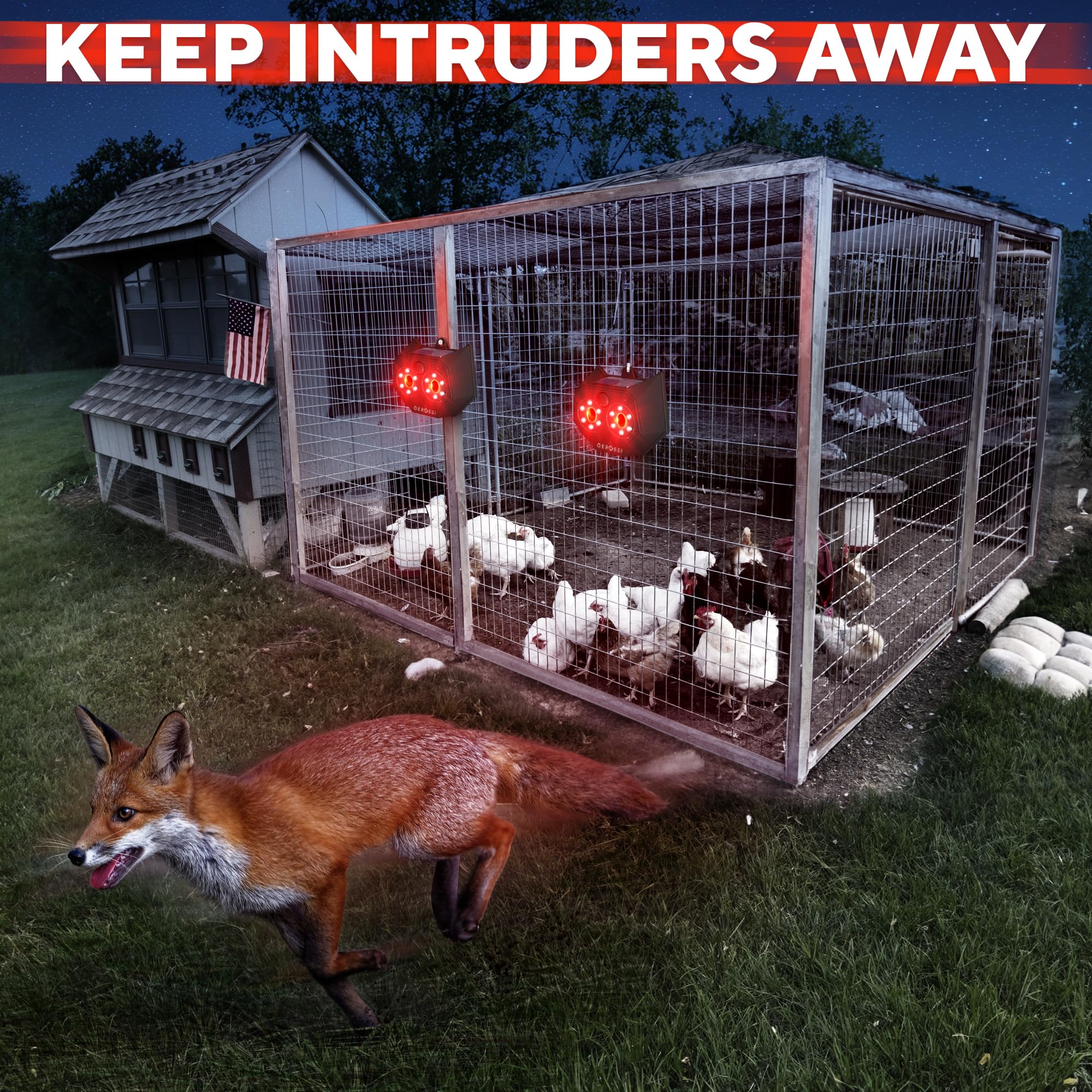Solar Powered Animal Repellent Lights 2 Pack - Motion Activated Predator Eyes for Coyote, Deer, Fox, Raccoon Deterrent - Effective Pest Control Device for Chicken Coops, Farms, Gardens & Backyards - Outdoor Wildlife Protection Solution