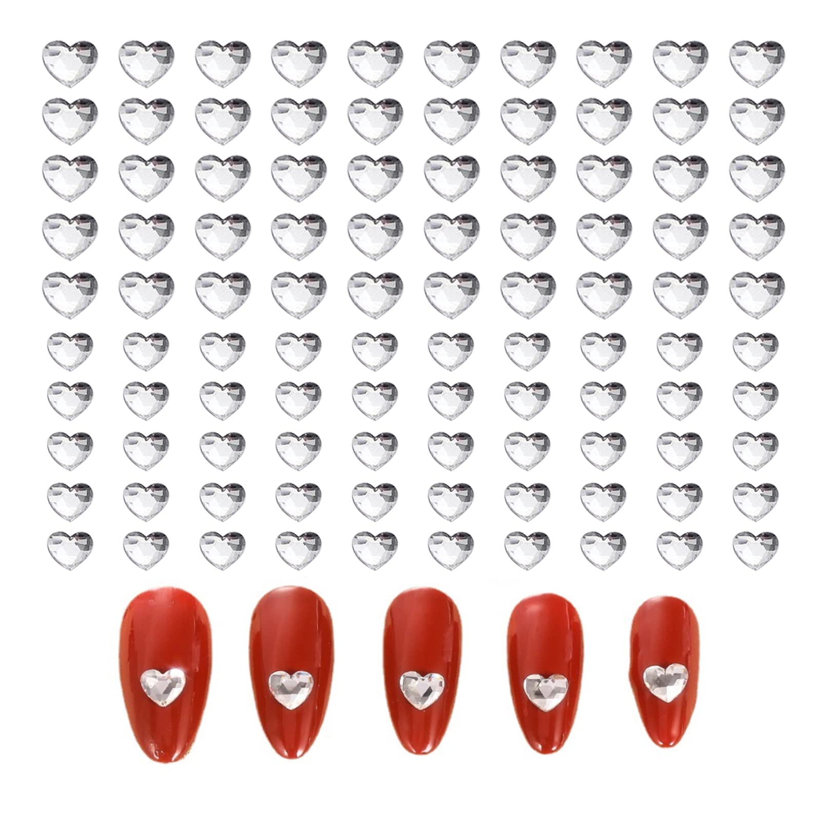 100PCS Heart-Shaped Flat Back Rhinestones for Nail Art - Mixed Size Crystal Glass Gems for DIY Nail Decoration & Crafting - Perfect for Valentine's Day, Bridal, Party Nail Designs (White)