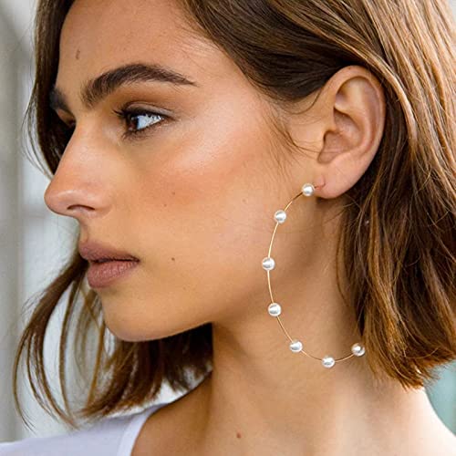 Large Hoops Circle Pearls Earrings 60mm 90mm - Super Huge Gold & Silver Thin Dangle Earrings for Women - Elegant Wedding Jewelry for Brides, Parties & Special Occasions