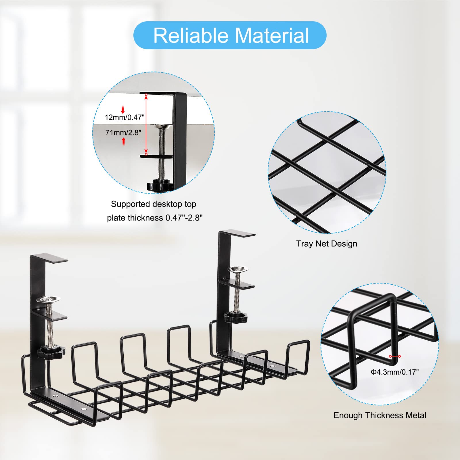 PATIKIL Under Desk Cable Management Tray - Black Wire Organizer for Office & Home - Keep Wires Neat Under Computer Desk, Gaming Setup & Home Theater