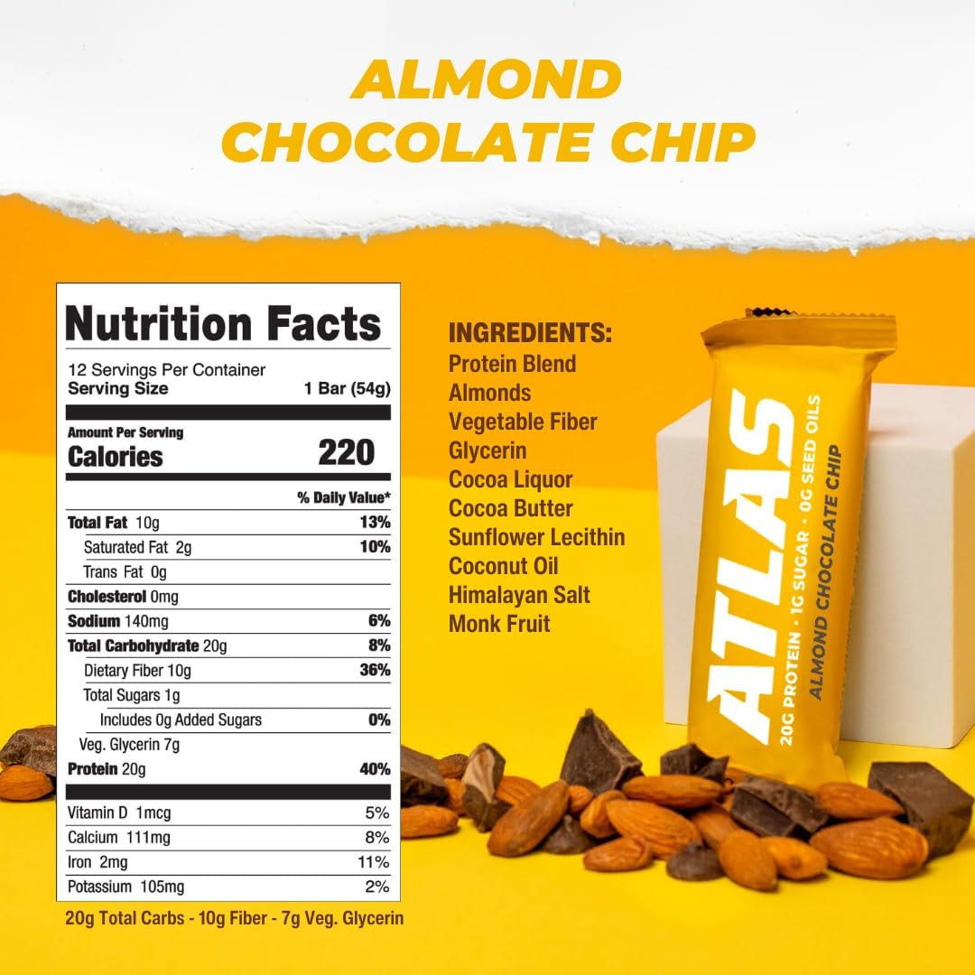 Atlas Protein Bar - High Protein Snack with 20g Protein, Low Sugar (1g), Gluten Free, Clean Ingredients - Almond Chocolate Chip Flavor (12 Count Pack) - Perfect for Gym, Hiking & Healthy On-the-Go Nutrition