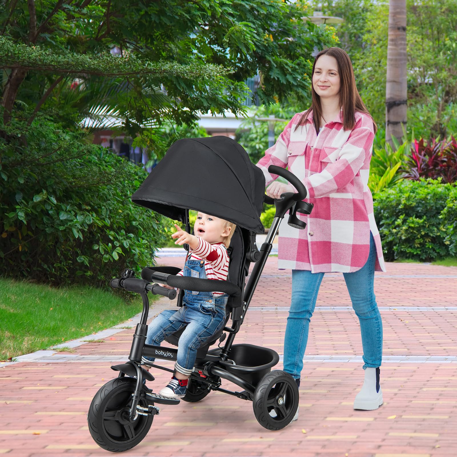 BABY JOY 6-in-1 Convertible Toddler Tricycle with Reversible Seat, Adjustable Canopy & Parent Push Handle - 5-Point Safety Harness, PU Wheels & Storage Basket - Ride-On Push Bike for Kids 9-60 Months (Black) - Perfect for Outdoor Play, Park Rides & Learning to Cycle