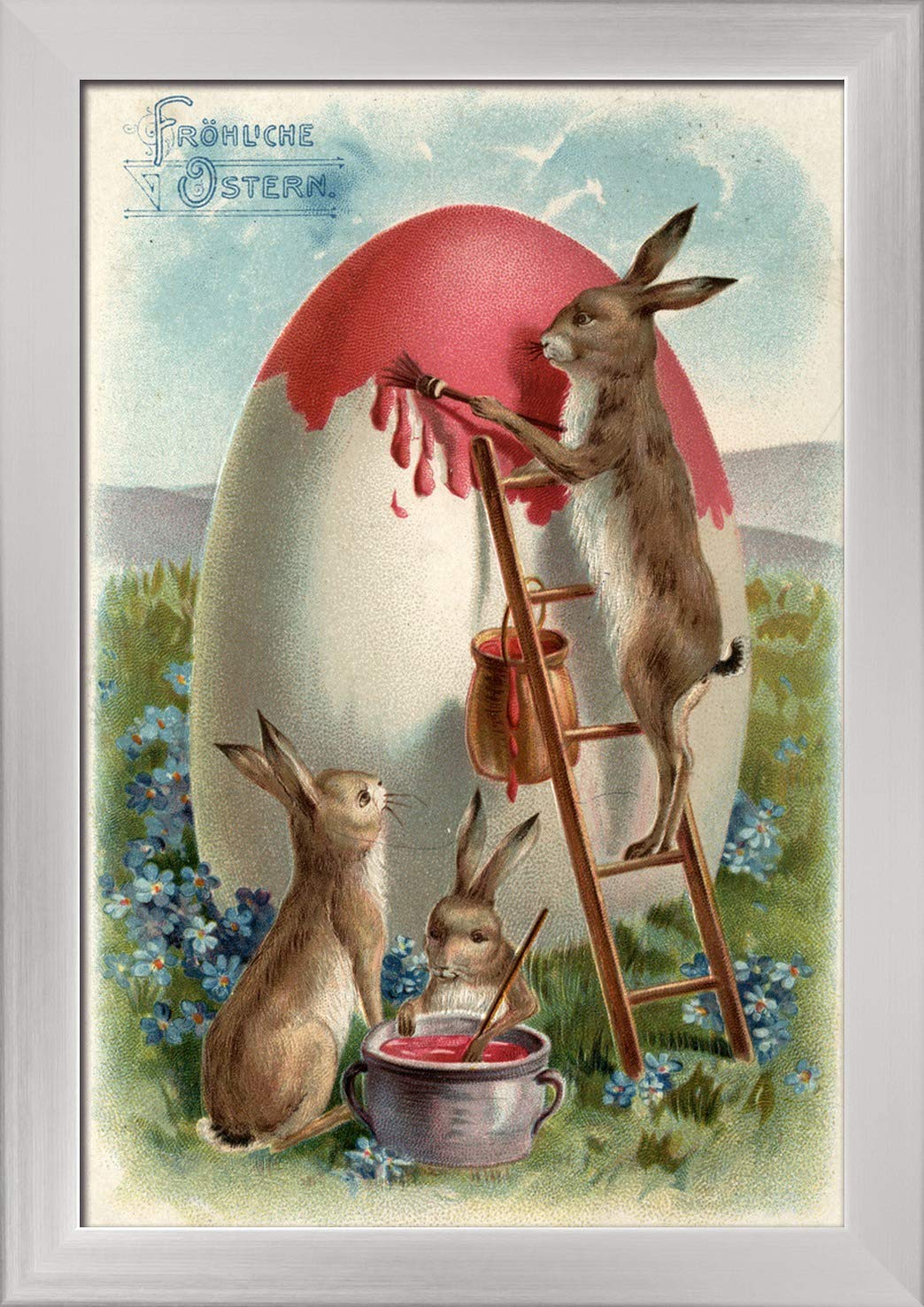 Vintage Easter Greetings Art Print - German Rabbit Painting Eggs on 12x18 Giclee Fine Art with Recycled Wood Frame (Silver) - Perfect for Spring Home Decor & Holiday Gift Giving