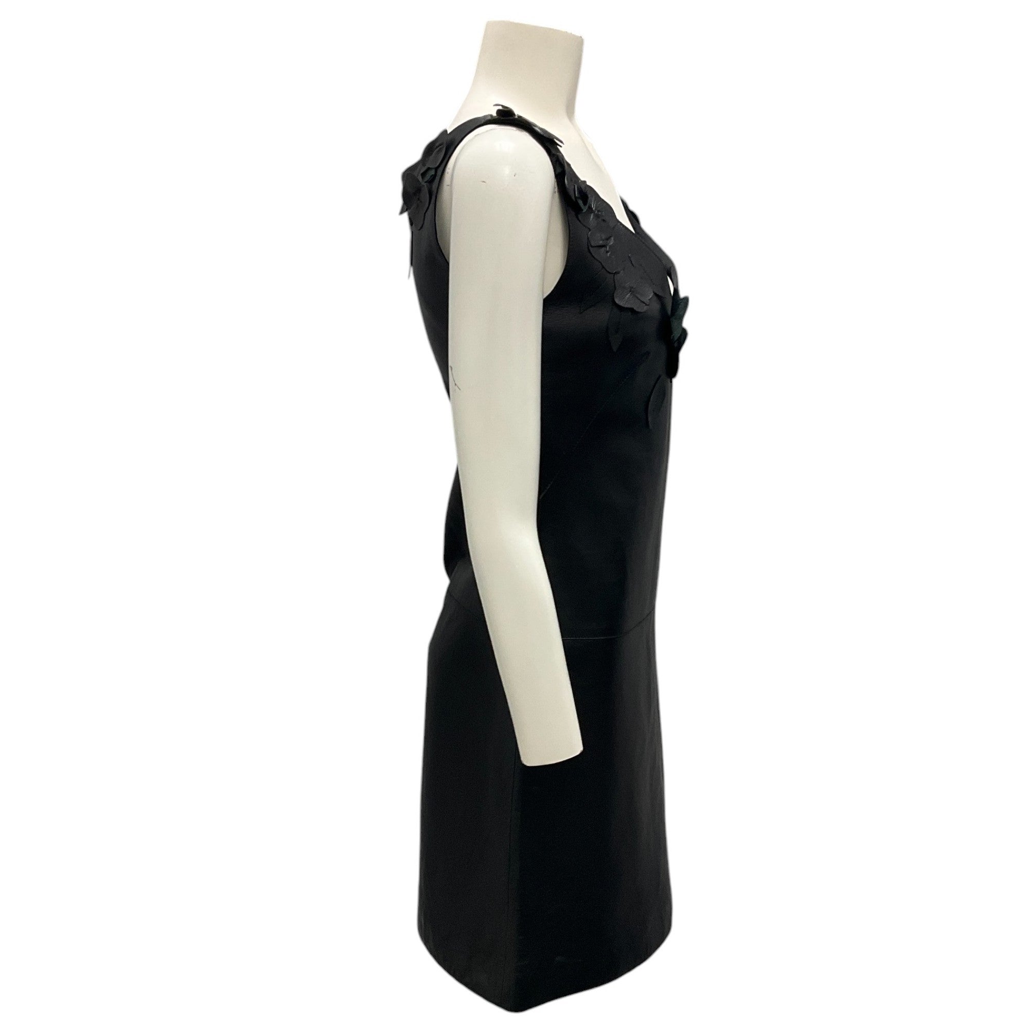 Moschino Black Floral Applique Sleeveless Leather Dress for Women | Elegant Evening Gown for Parties, Weddings & Special Occasions