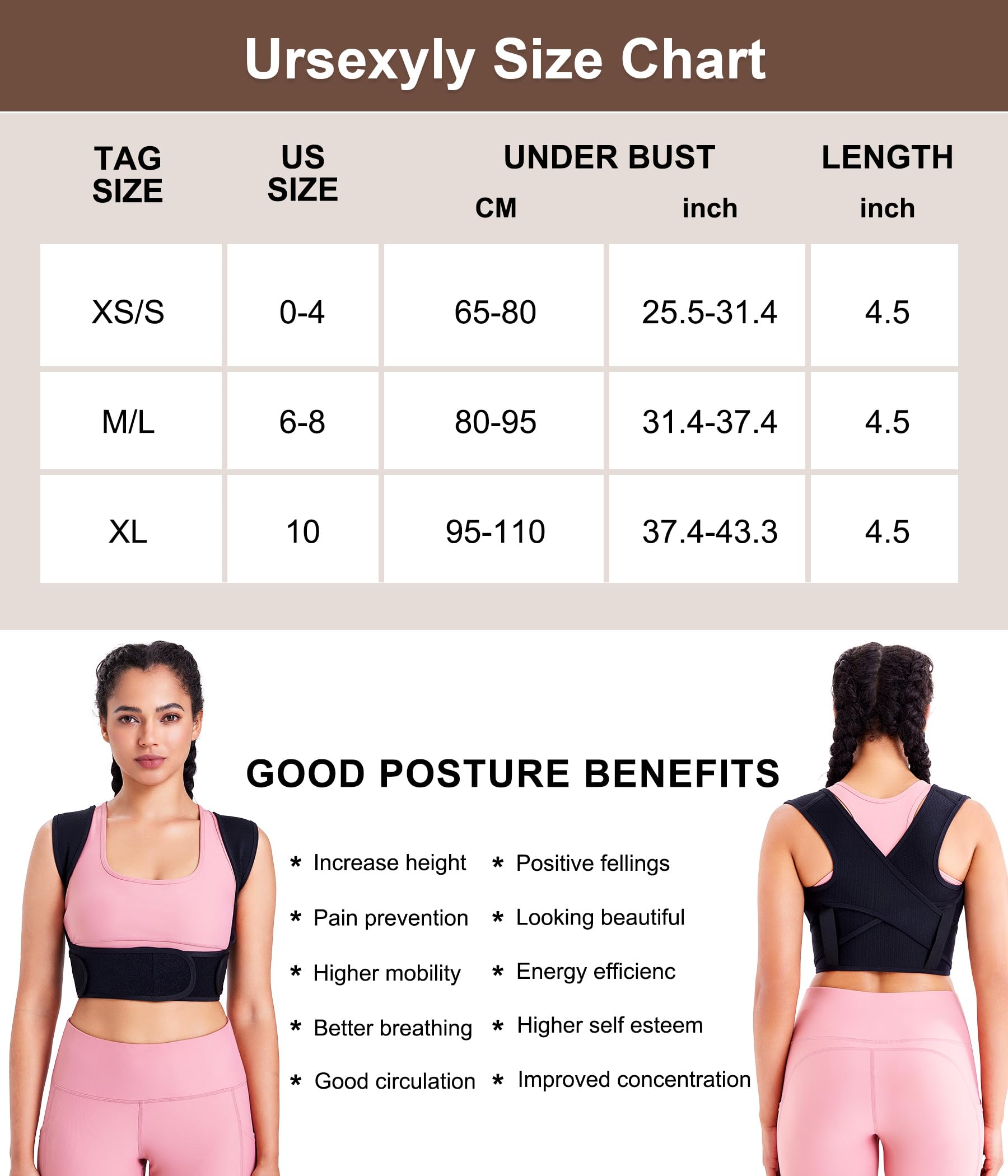 URSEXYLY Adjustable Posture Corrector for Women - Upper Back Brace & Pain Relief Support (M/L, Black) - Improve Posture & Reduce Back Pain for Office Work, Driving & Daily Activities