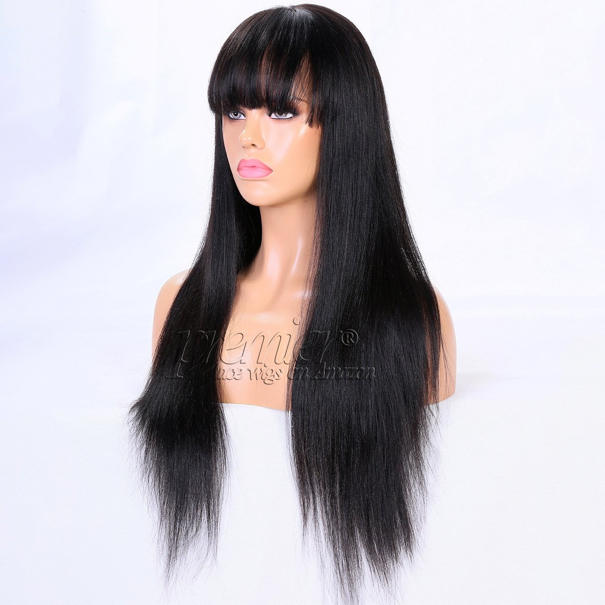Premium 360 Full Lace Human Hair Wig with Bangs - Light Yaki Straight Brazilian Remy Hair - 150% Density 20 Inch Lace Front Wig for Black Women - High Ponytail & Natural Look - Perfect for Daily Wear, Parties, and Special Occasions