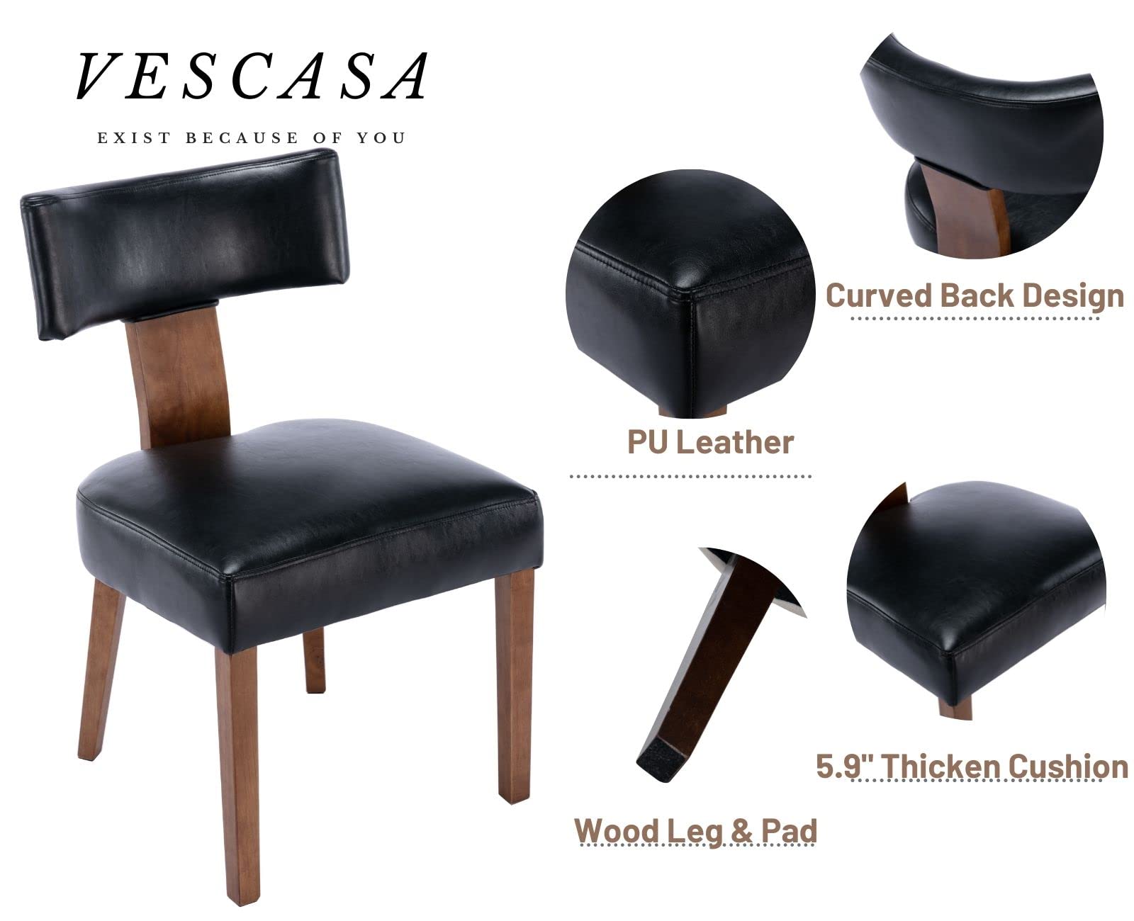 VESCASA Mid-Century Modern Dining Chairs Set of 2 - PU Faux Leather Upholstered Seats with Wooden Legs & Curved Open Back - Black Kitchen & Dining Room Chairs for Home, Restaurant, and Office Use