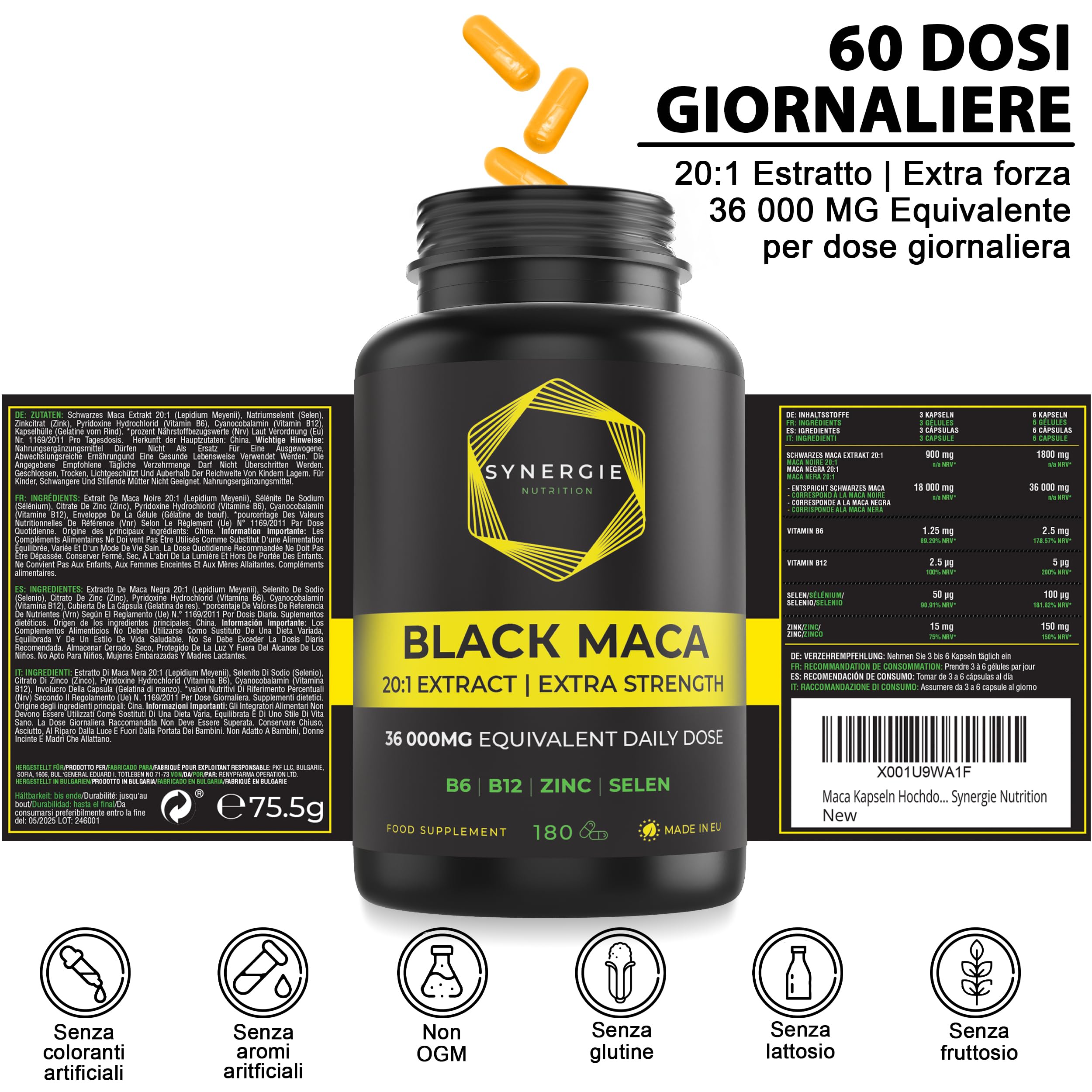 Black Maca Extra Forte 20:1 Extract - 32,000mg Lepidium Meyenii Root per Day with Vitamin B6, B12, Selenium & Zinc - 180 Capsules by Synergie Nutrition | Energy Boost, Hormone Balance & Vitality Support for Men & Women