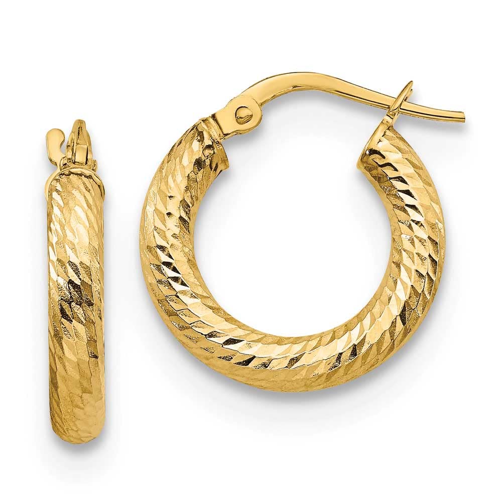 14K Gold 3x10mm Round Diamond-Cut Hoop Earrings for Women - Perfect for Everyday Wear, Parties & Special Occasions