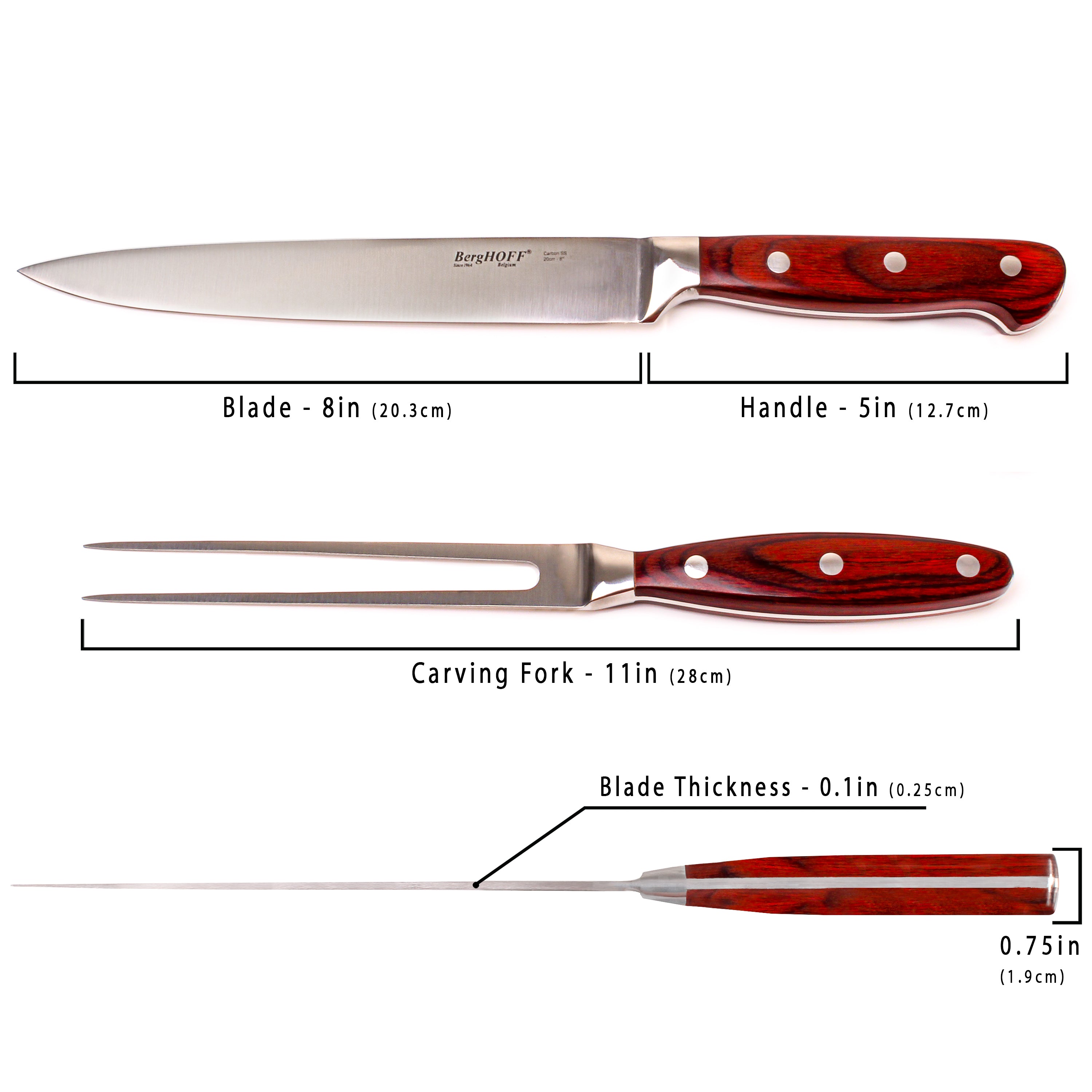 BergHOFF Pakka Wood 3-Piece Stainless Steel Carving Knife Set with Protective Case - Perfect for Thanksgiving Turkey, Holiday Roasts & Meat Carving